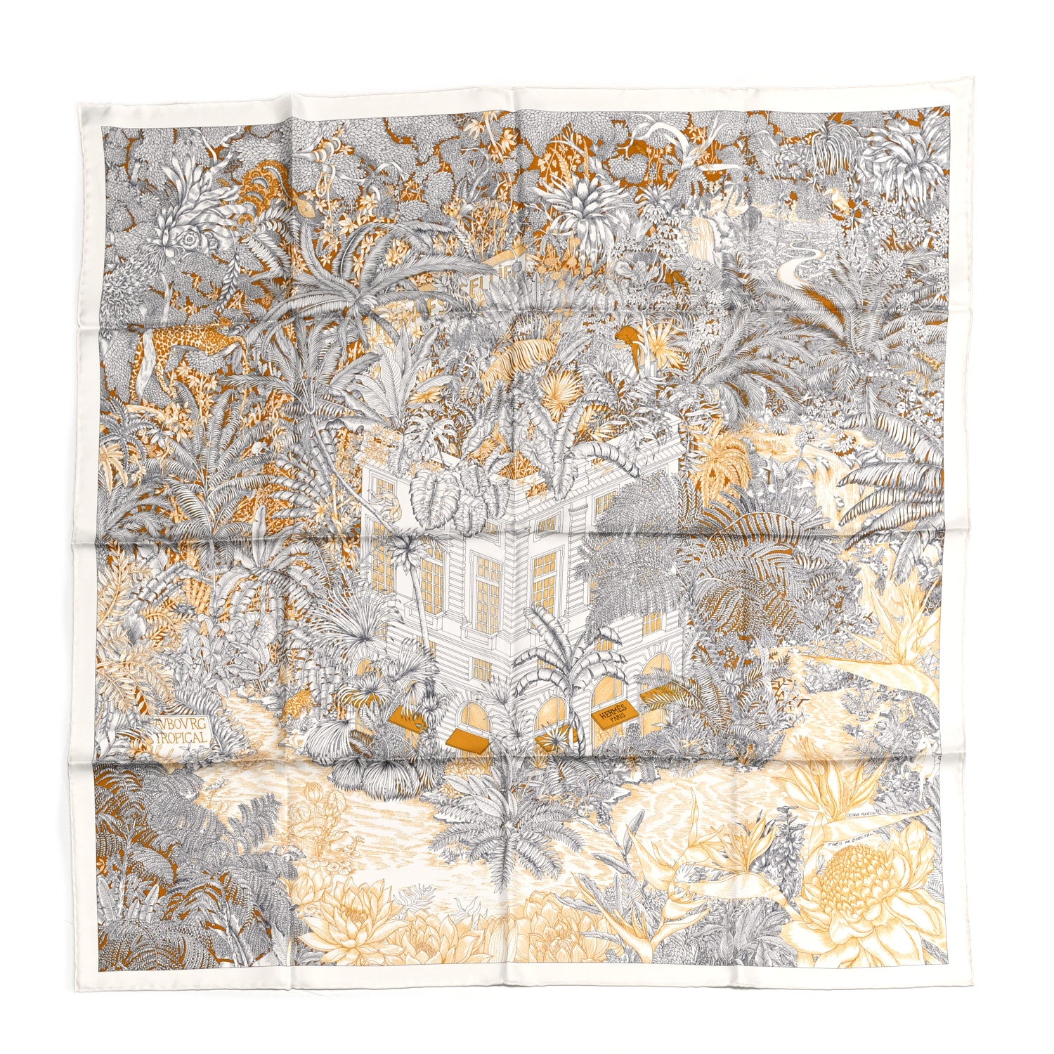Hermes Silk Faubourg Tropical Scarf 90 Sepia White Caramel 1 of 14
