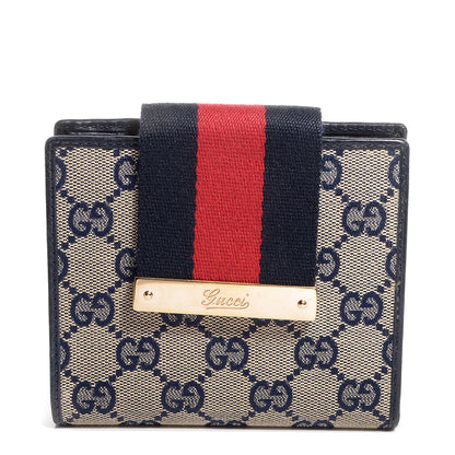 Gucci Monogram Selleria Calfskin Web Ladies Web French Wallet Beige Blue 1 of 9