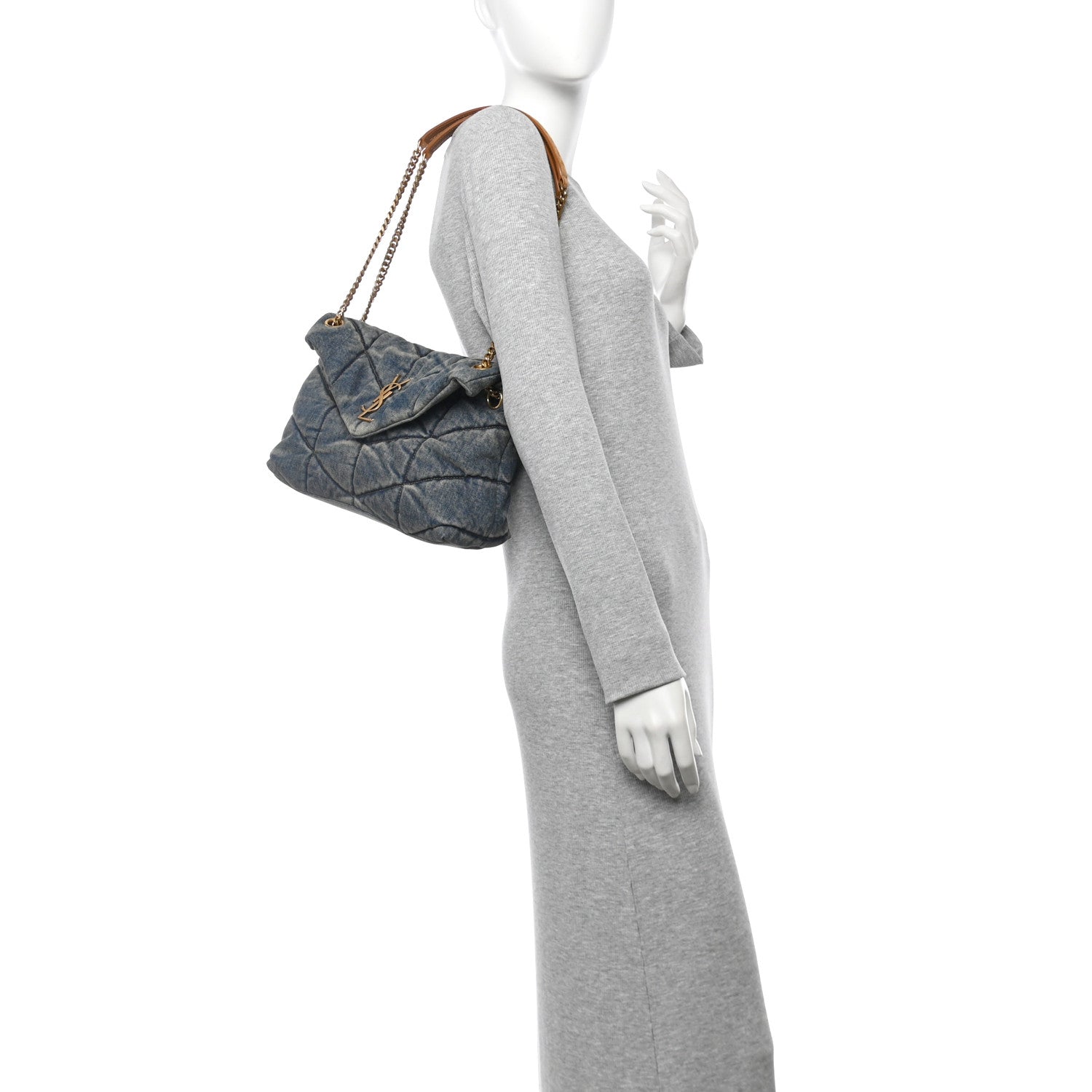 Saint Laurent Denim Quilted Small Loulou Puffer Monogram Chain Satchel Blue Cinnamon 2 of 10