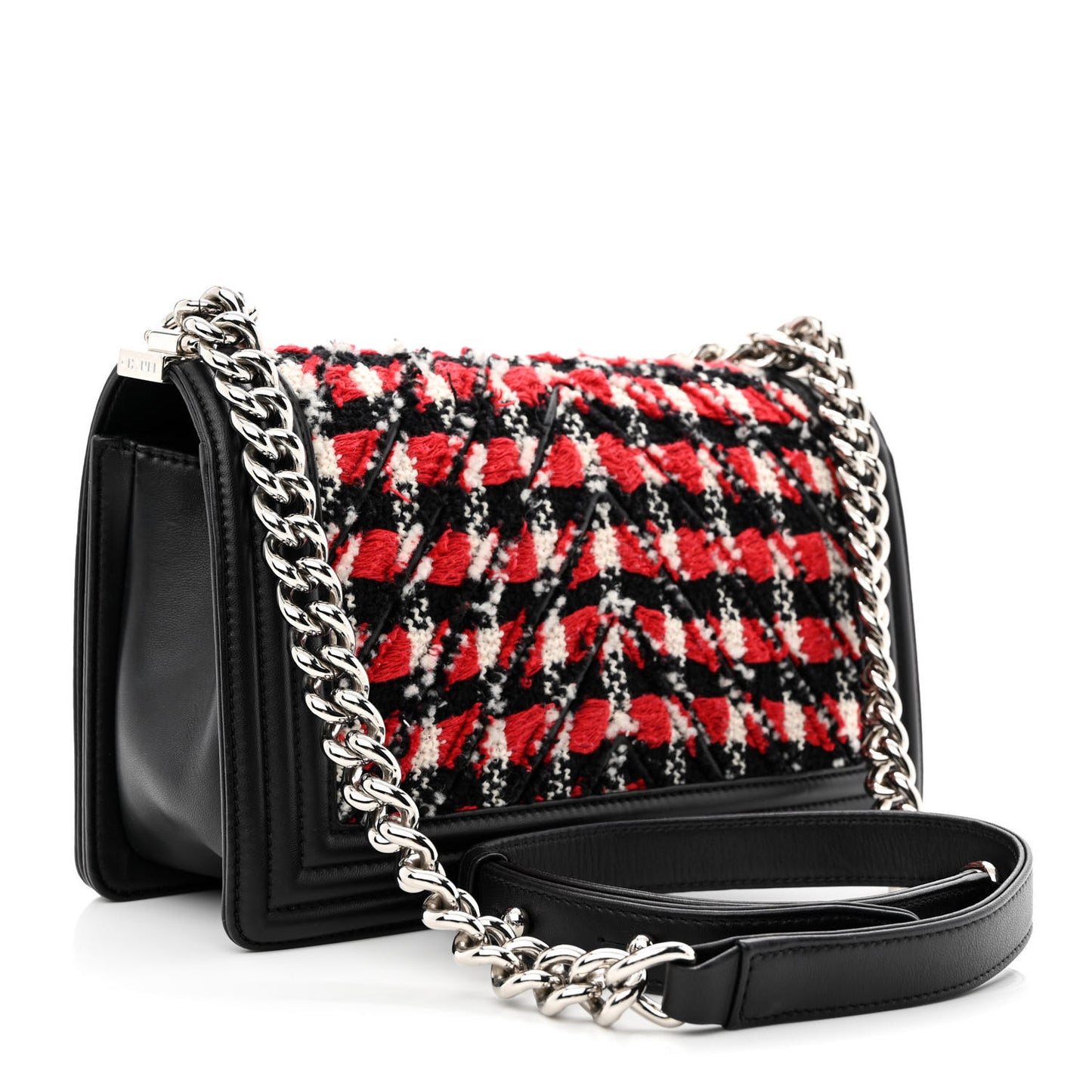 Lambskin Tweed Woven Medium Chevron Boy Flap Red White Black