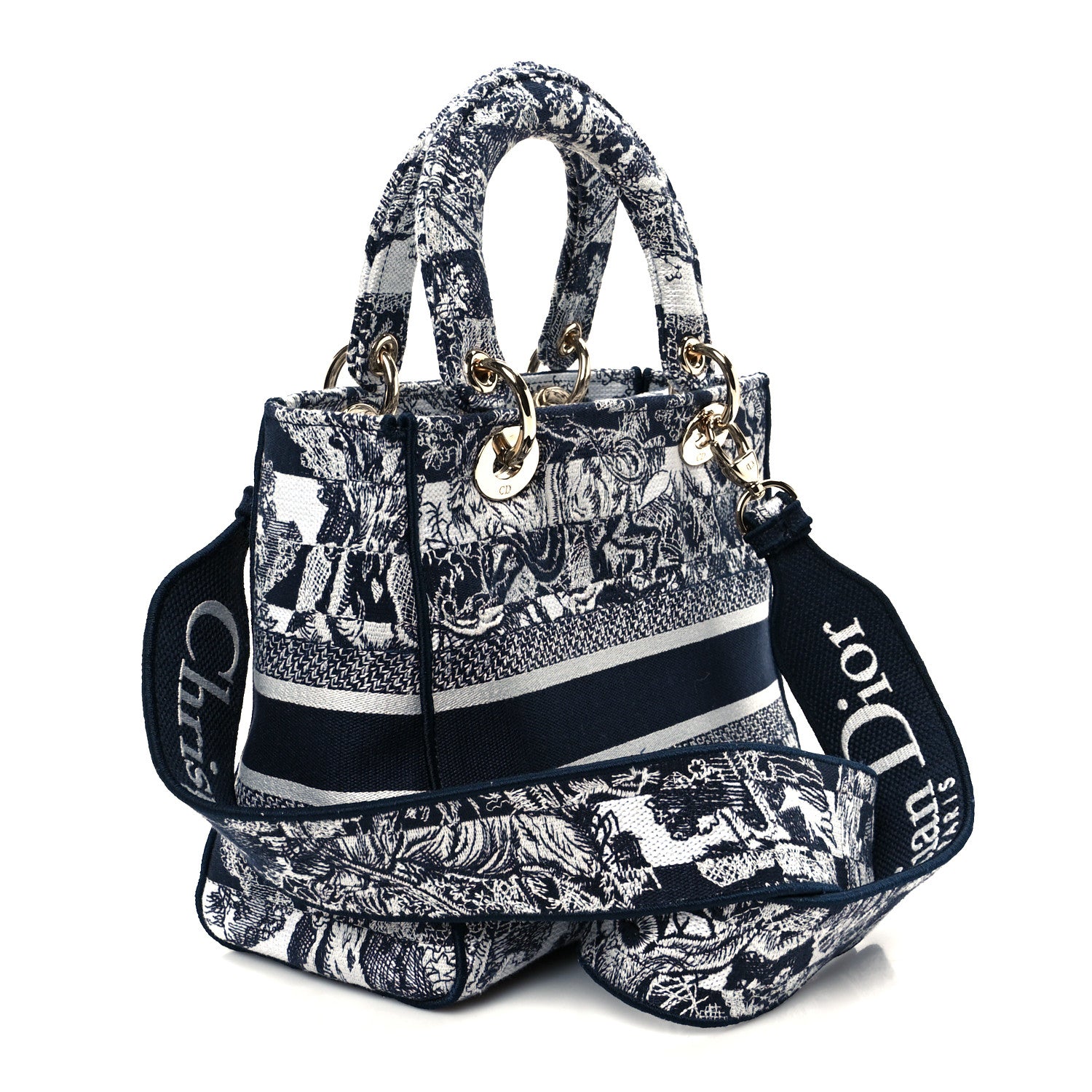 Christian Dior Canvas Reverse Striped Toile De Jouy Embroidered Medium Lady D-Lite Navy 3 of 10