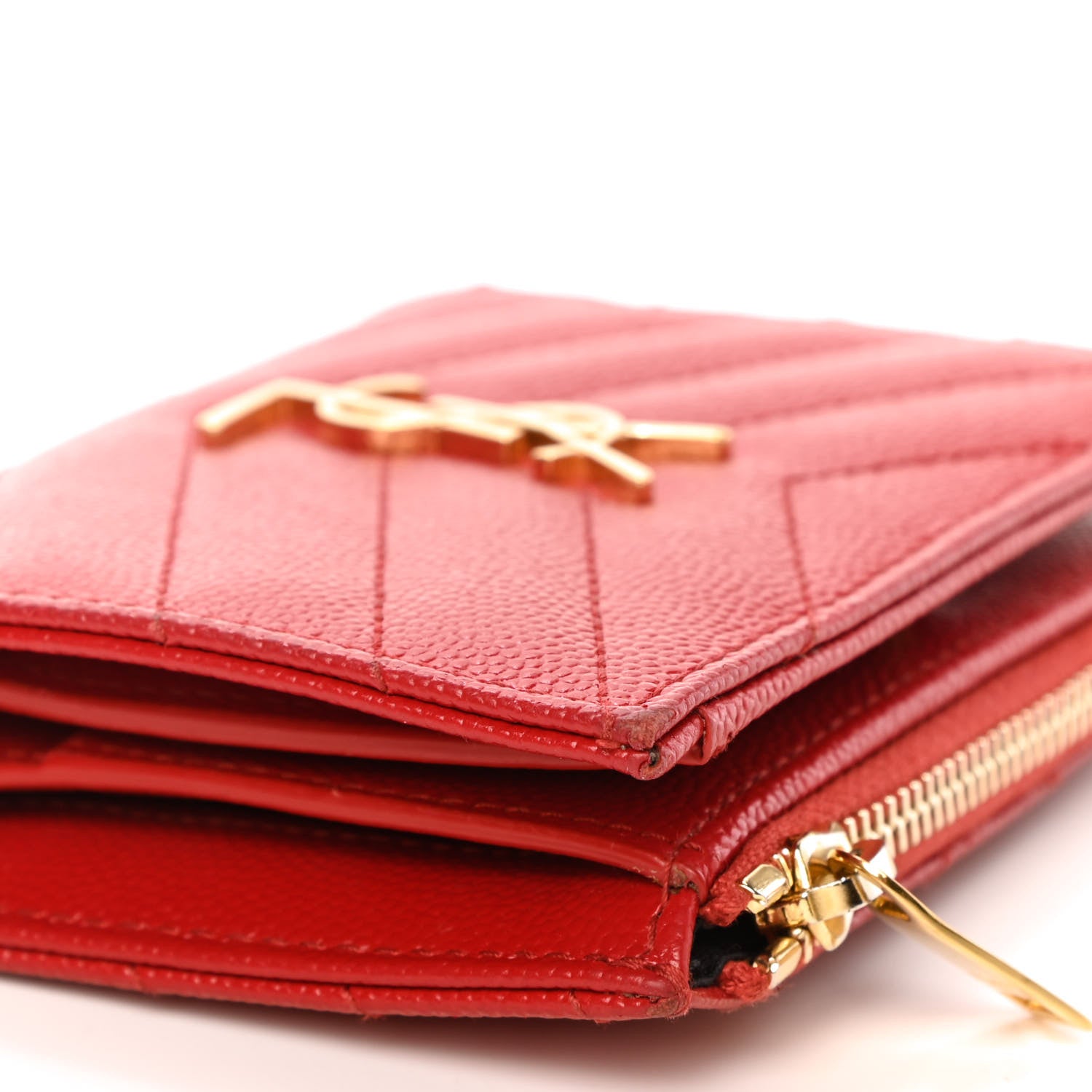 Saint Laurent Grain De Poudre Matelasse Chevron Monogram Zipped Card Case Bandana Red 8 of 8