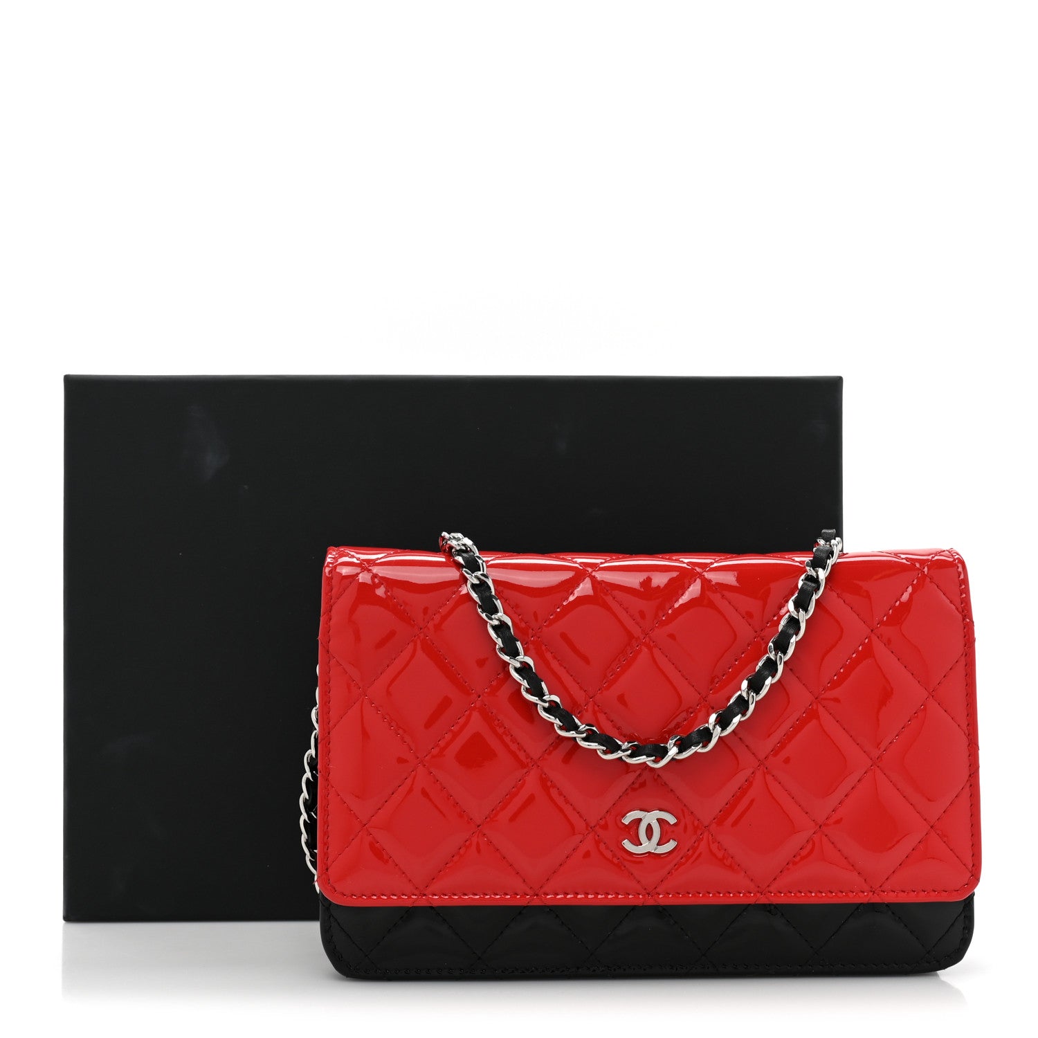 Chanel Patent Quilted Bi-Color Wallet On Chain WOC Red Black 15 of 15
