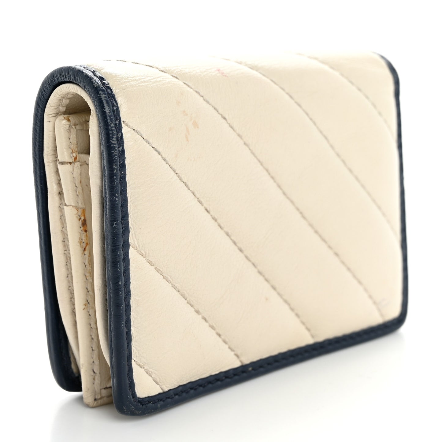 Vintage Effect Calfskin Matelasse Diagonal Torchon GG Marmont Card Case Wallet Mystic White Blue Agata