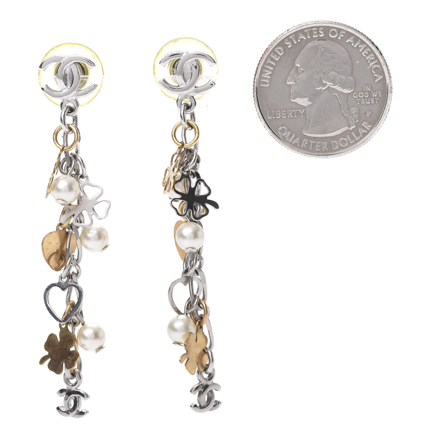 Pearl CC Charm Chain Drop Earrings Silver Gold
