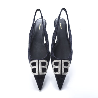 Balenciaga Velvet Crystal BB Knife Pointy Toe Slingback Flats 38.5 Black 5 of 11