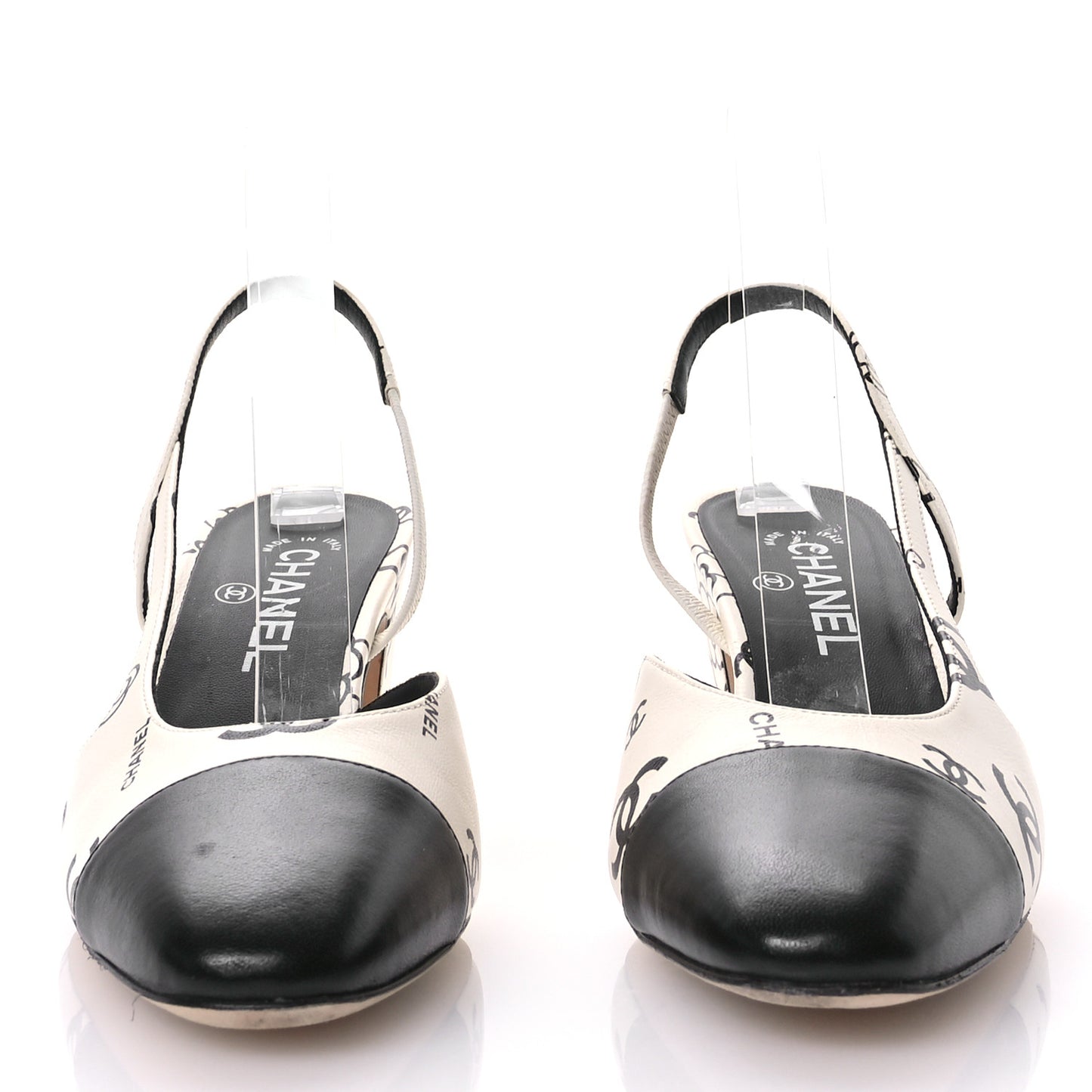 Printed Lambskin Cap Toe CC Slingback Pumps 40 Black White