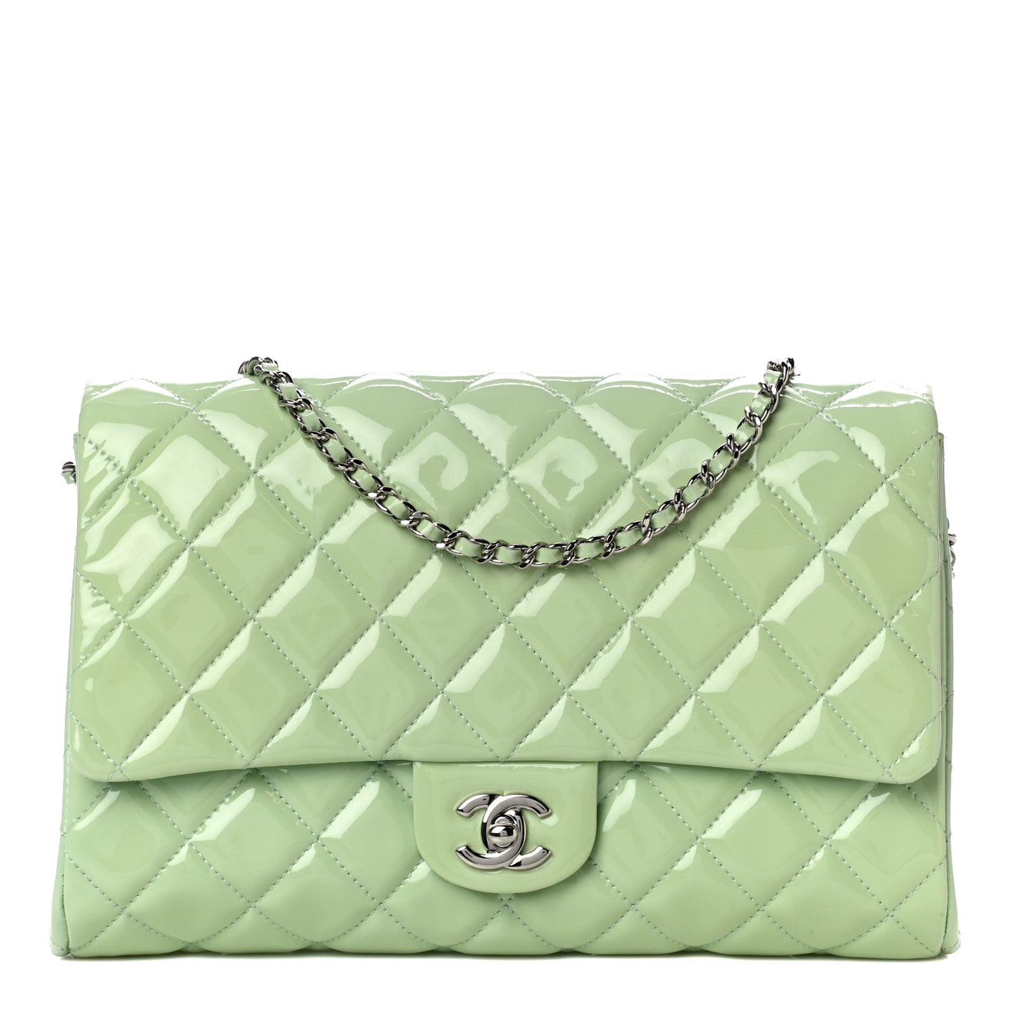 Patent Quilted Clutch With Chain Flap Light Green