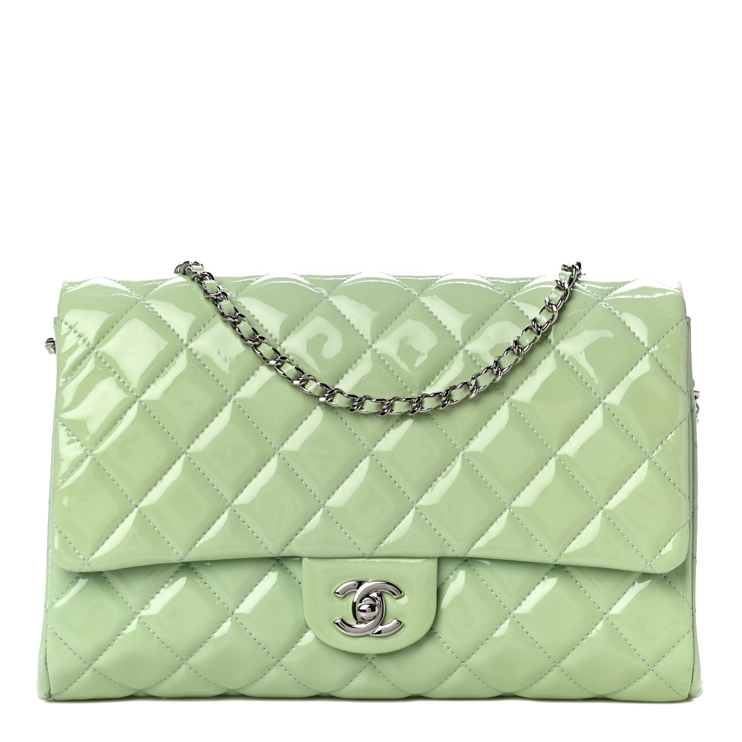 Chanel Patent Quilted Clutch With Chain Flap Light Green 1 of 14