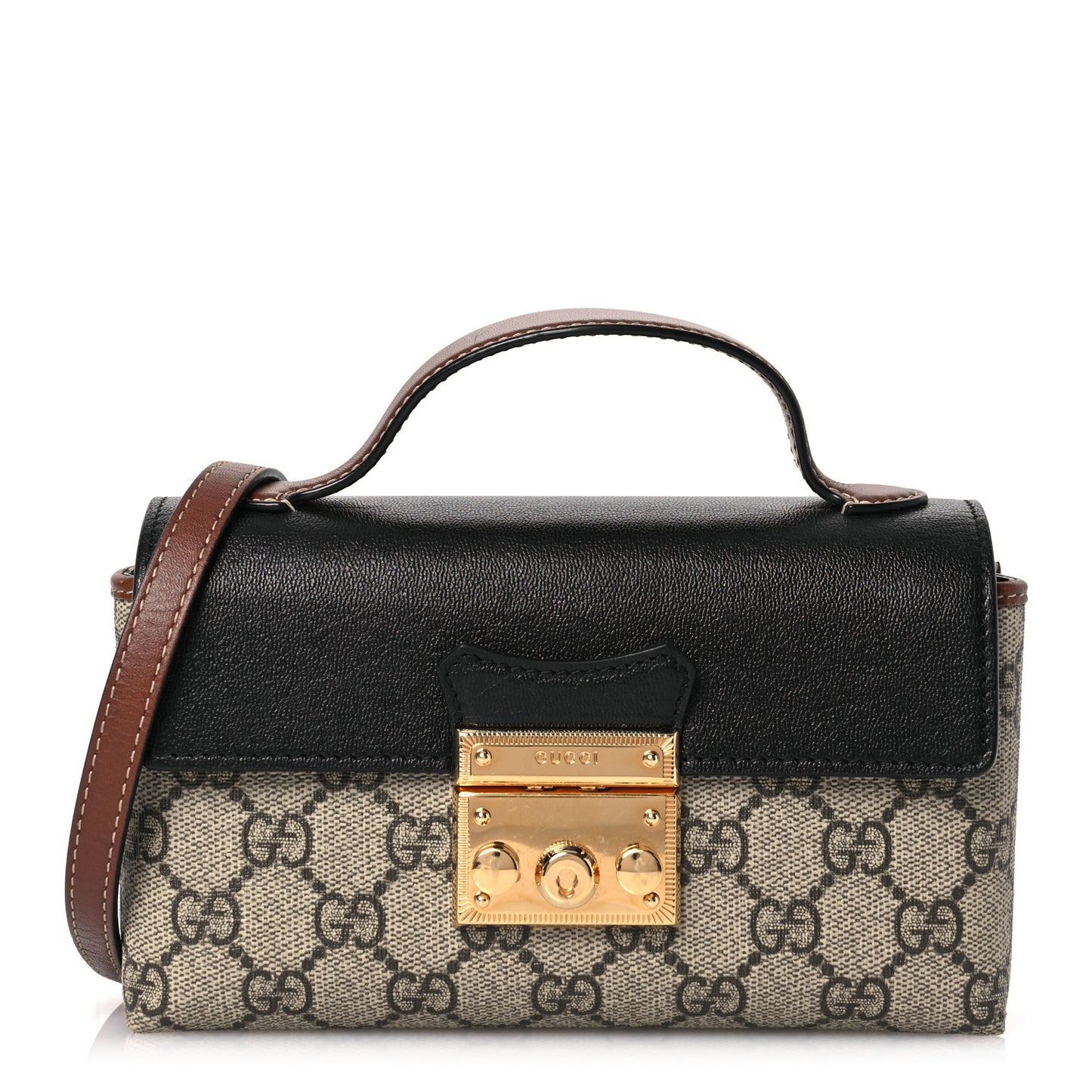 GG Supreme Monogram Calfskin Mini Padlock Top Handle Shoulder Bag Beige Black Cuir