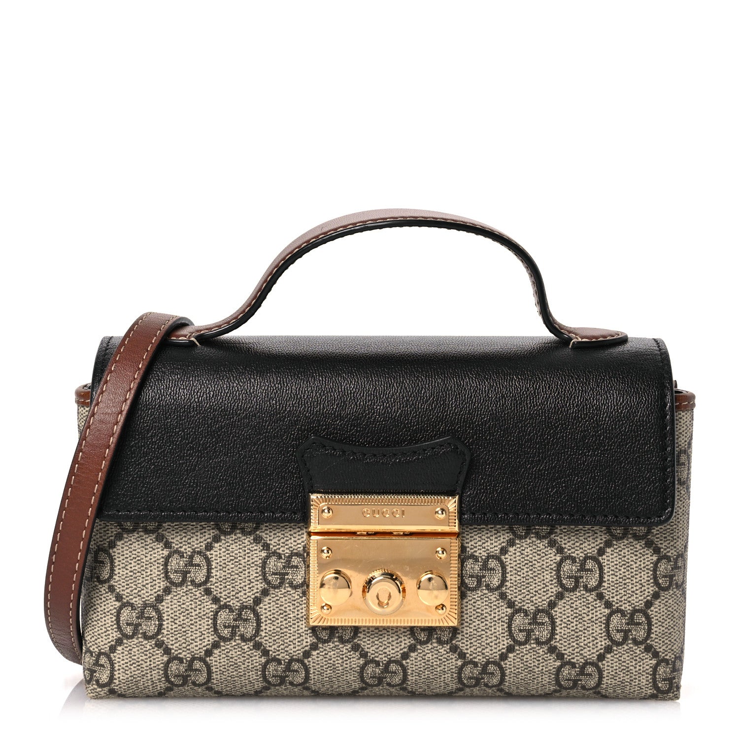 Gucci GG Supreme Monogram Calfskin Mini Padlock Top Handle Shoulder Bag Beige Black Cuir 1 of 12