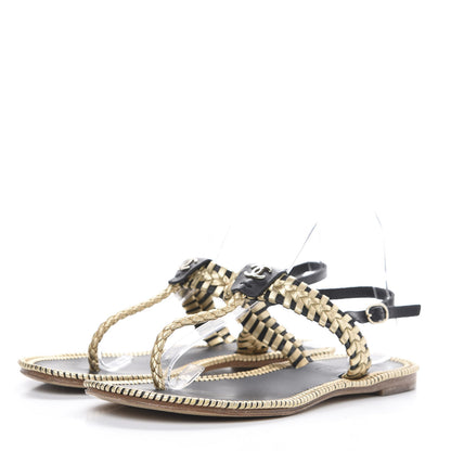 Chanel Metallic Lambskin Calfskin Braided Thong Sandals 39 Black Gold 3 of 8