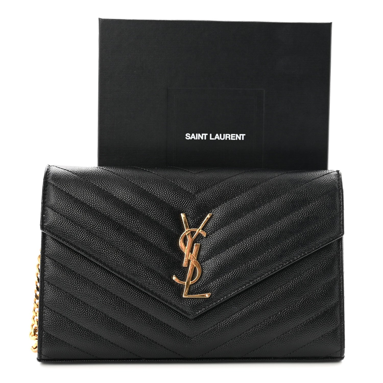 Saint Laurent Grain De Poudre Matelasse Chevron Monogram Chain Wallet Black 10 of 10