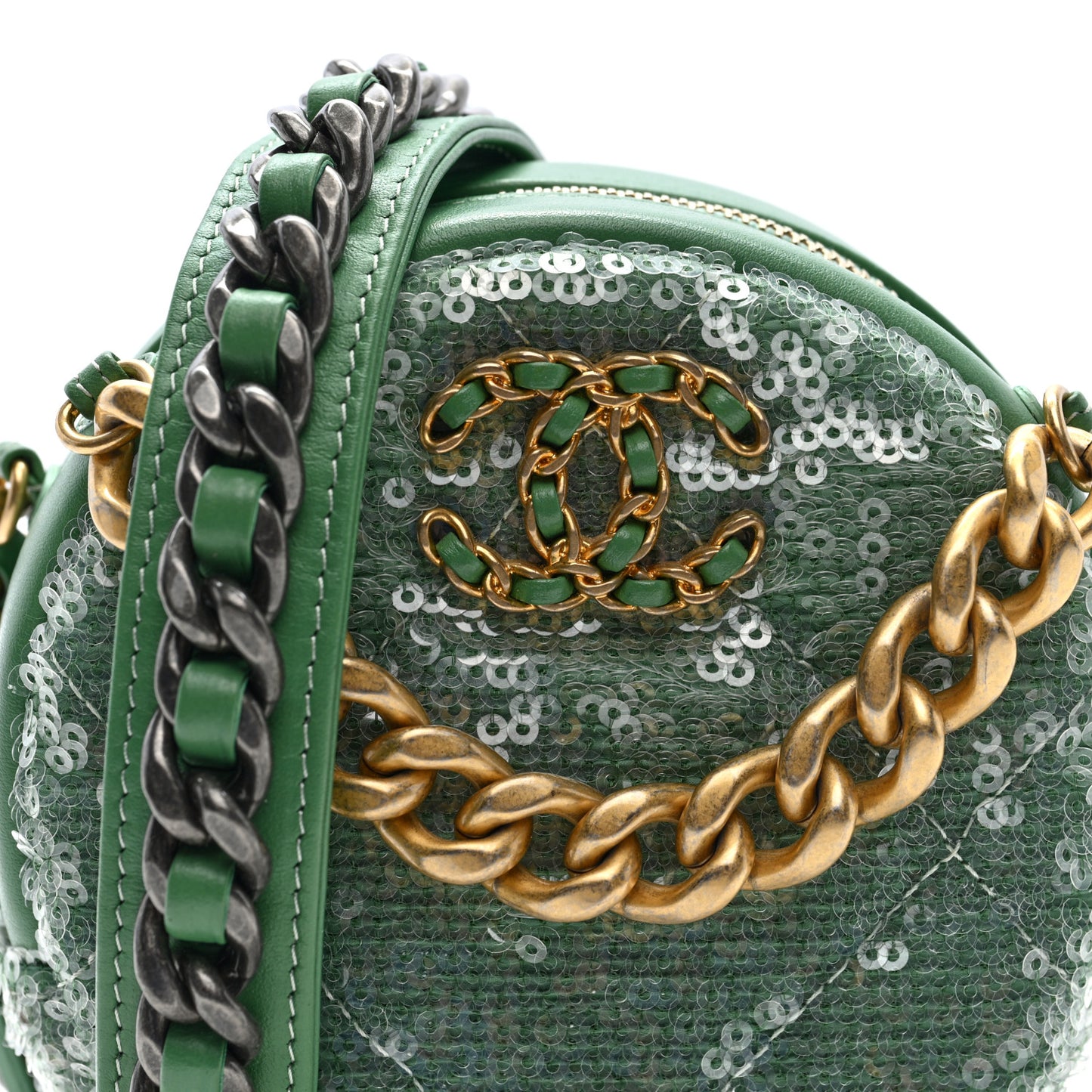 Sequin Chanel 19 Round Clutch With Chain Green Green