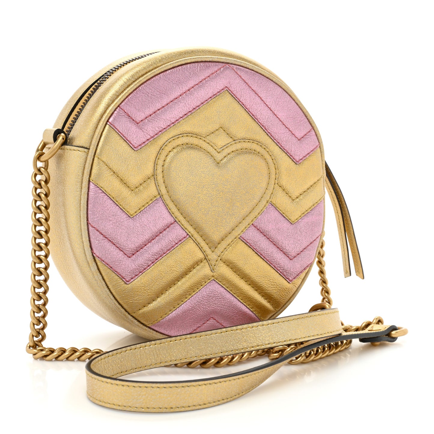 Metallic Nappa Matelasse Heart Mini GG Marmont Round Shoulder Bag Oro Vecchio Rosa