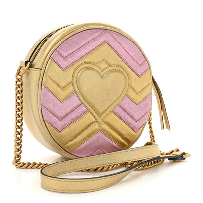 Gucci Metallic Nappa Matelasse Heart Mini GG Marmont Round Shoulder Bag Oro Vecchio Rosa 3 of 13