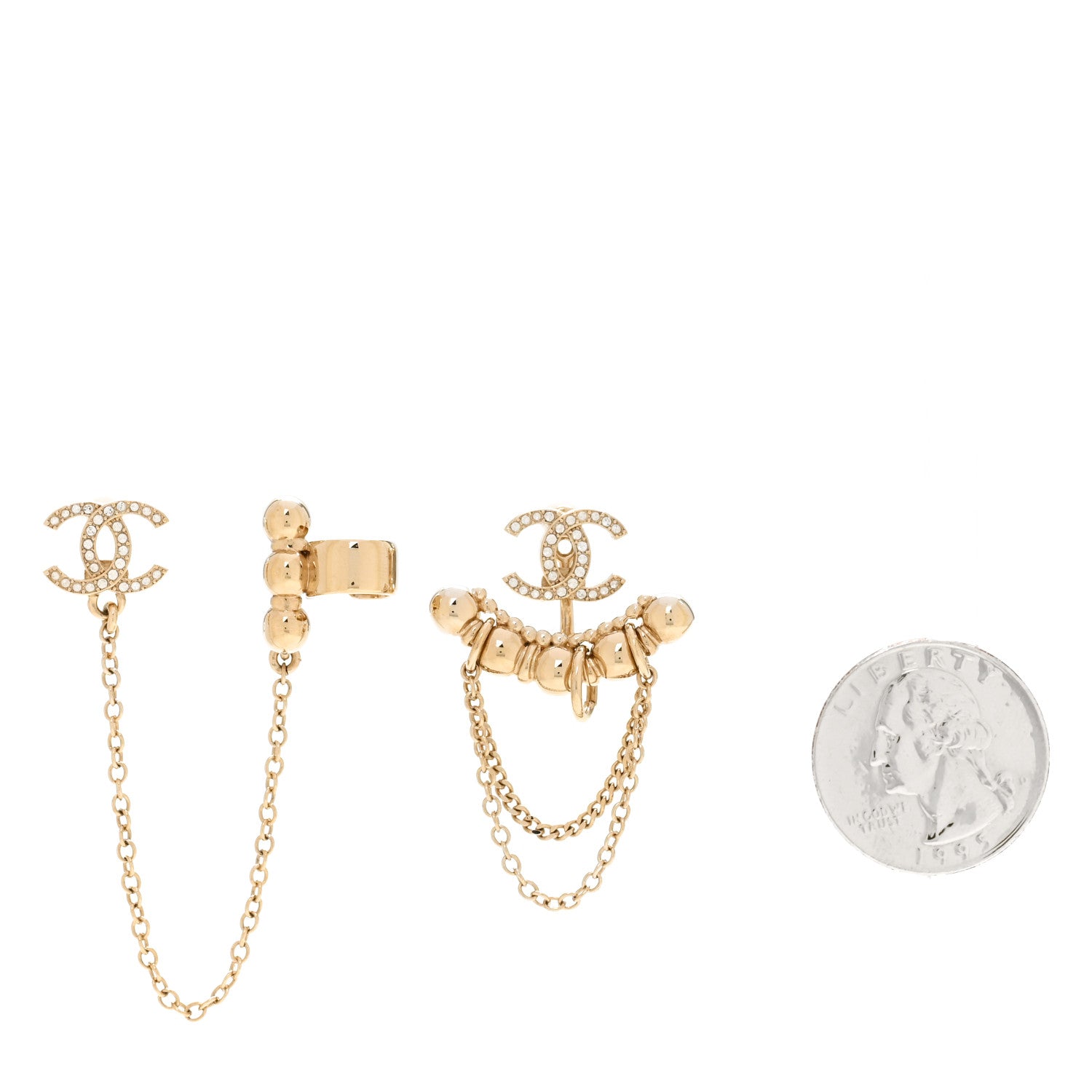 Chanel Metal Crystal CC Chain Cuff Earrings Gold 2 of 5