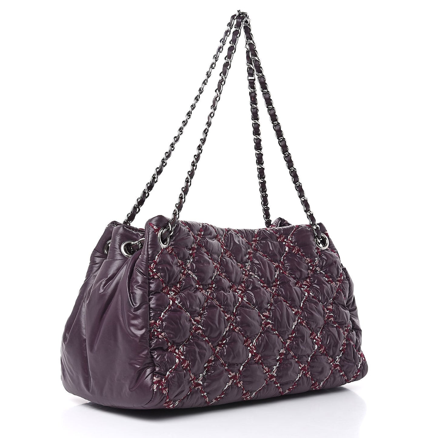 Nylon Quilted Tweed Stitch Bubble Tote Plum
