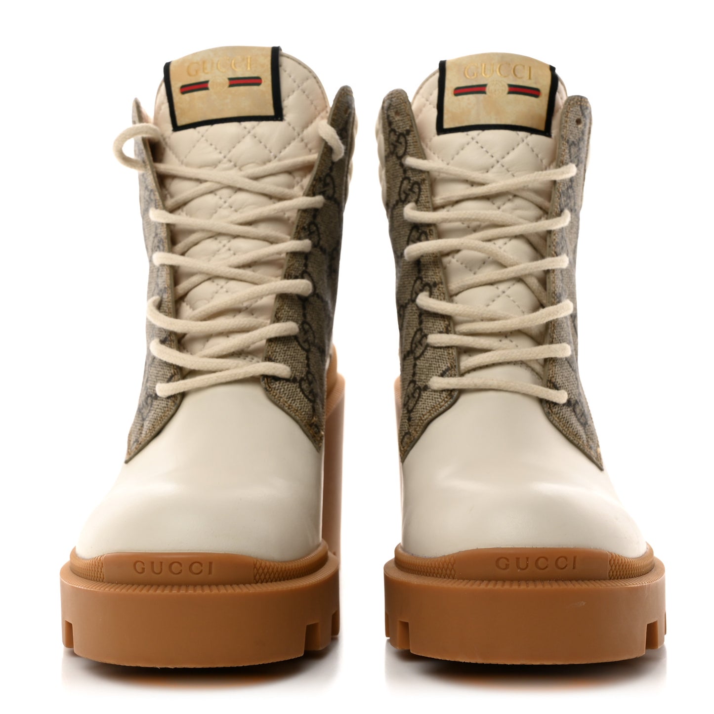 Calfskin GG Supreme Monogram Nappa Quilted Lace Up Ankle Boots 39 Mystic White Beige