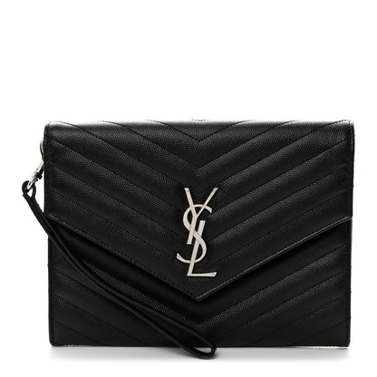 Saint Laurent Grain De Poudre Matelasse Chevron Monogram Envelope Clutch Black 1 of 8
