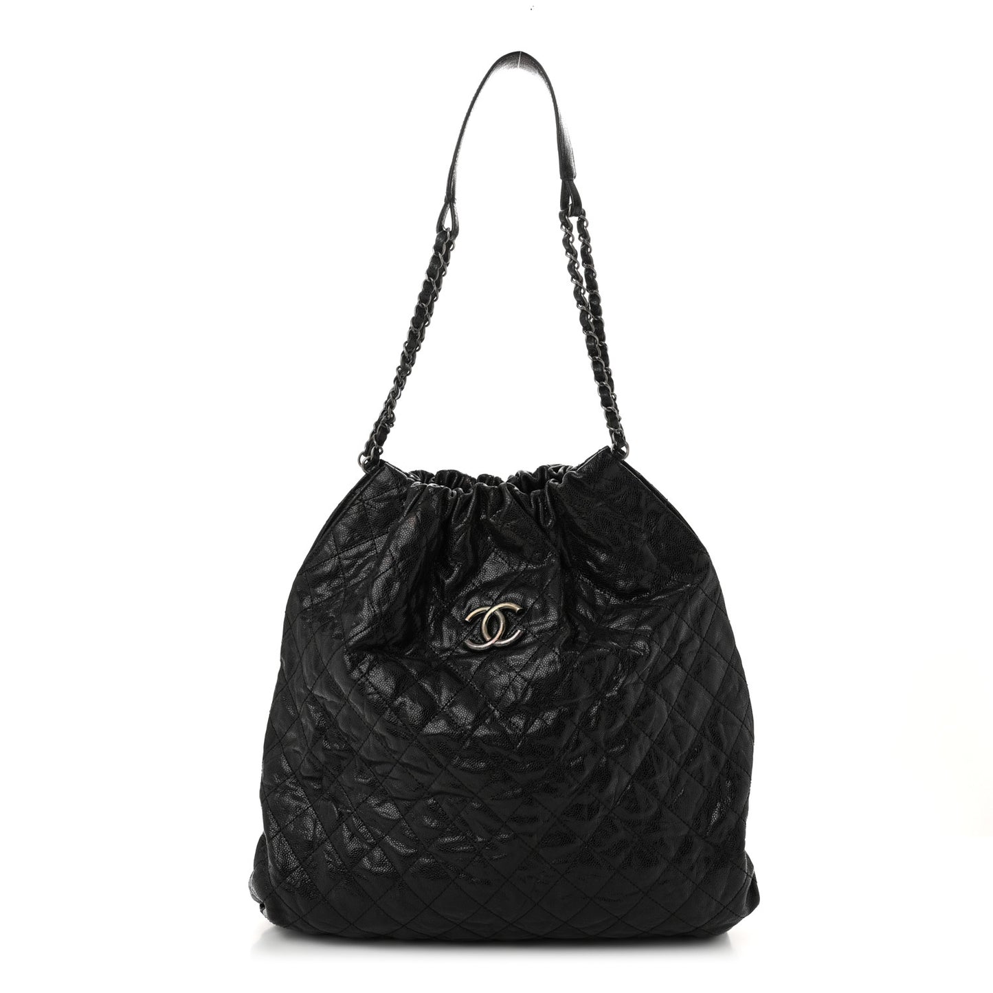 Distressed Glazed Caviar Quilted Large Elastic Tote Black
