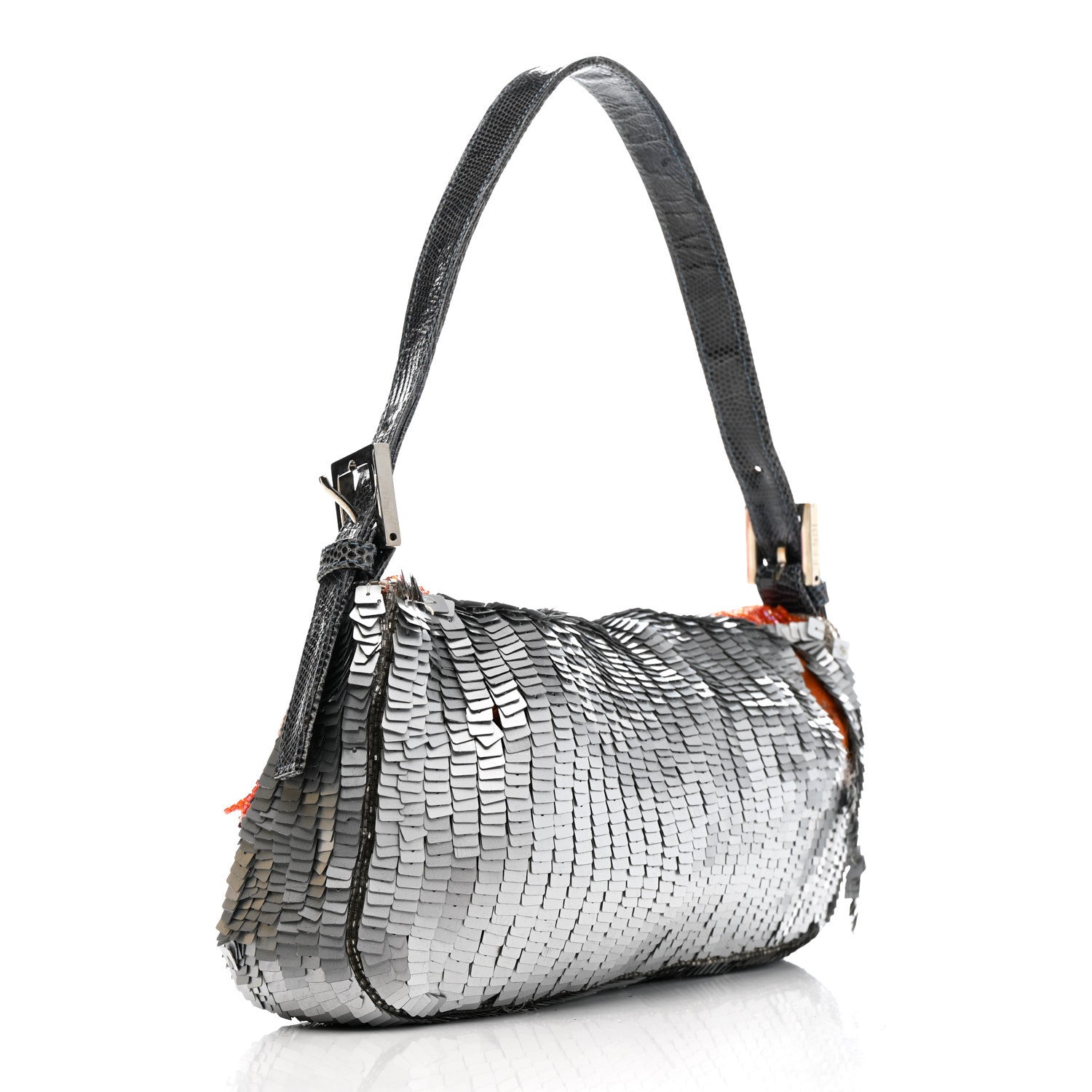 Fendi Sequin Beaded Lizard Baguette Silver Orange 2 of 14