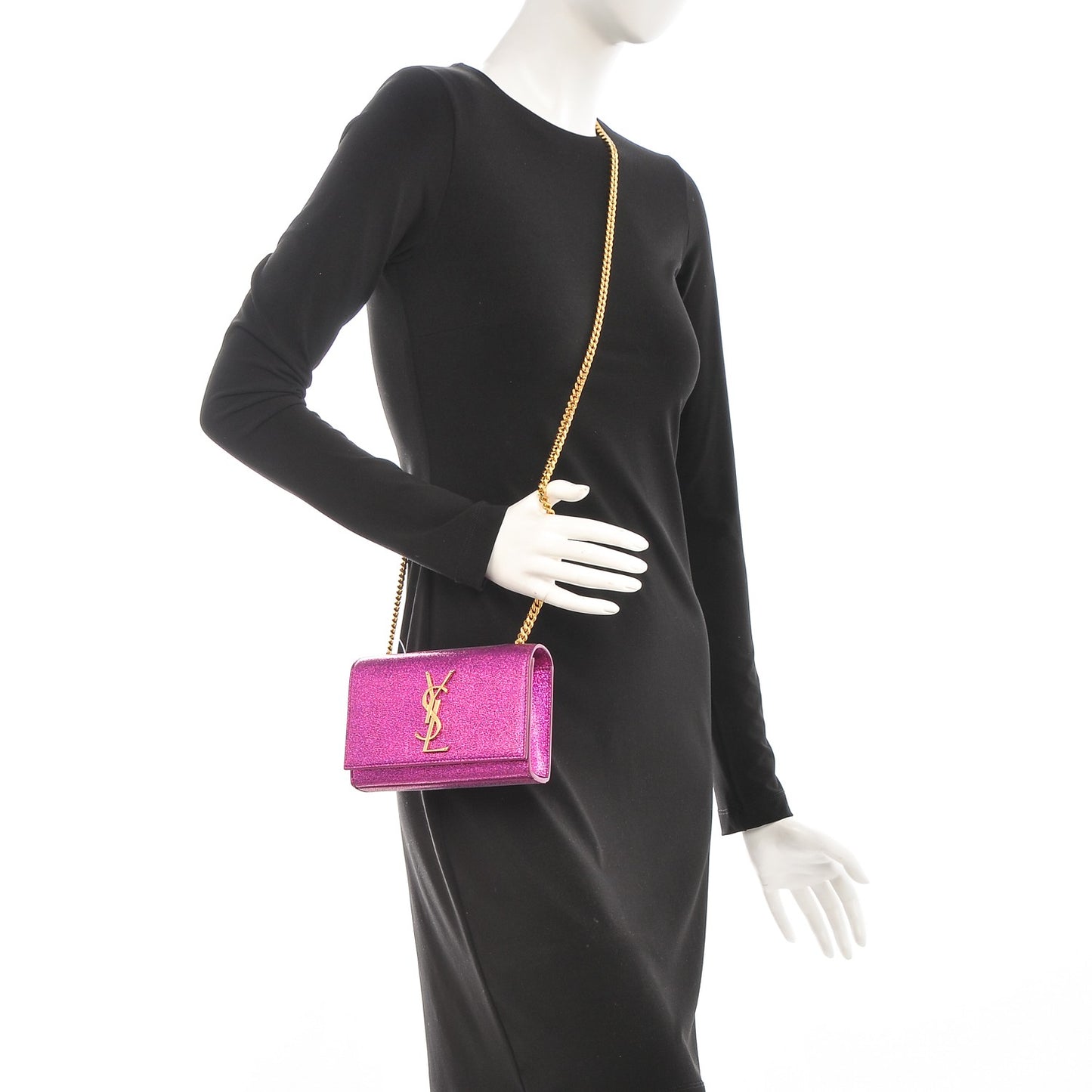 Metallic Calfskin Small Classic Monogram Kate Satchel Fuchsia