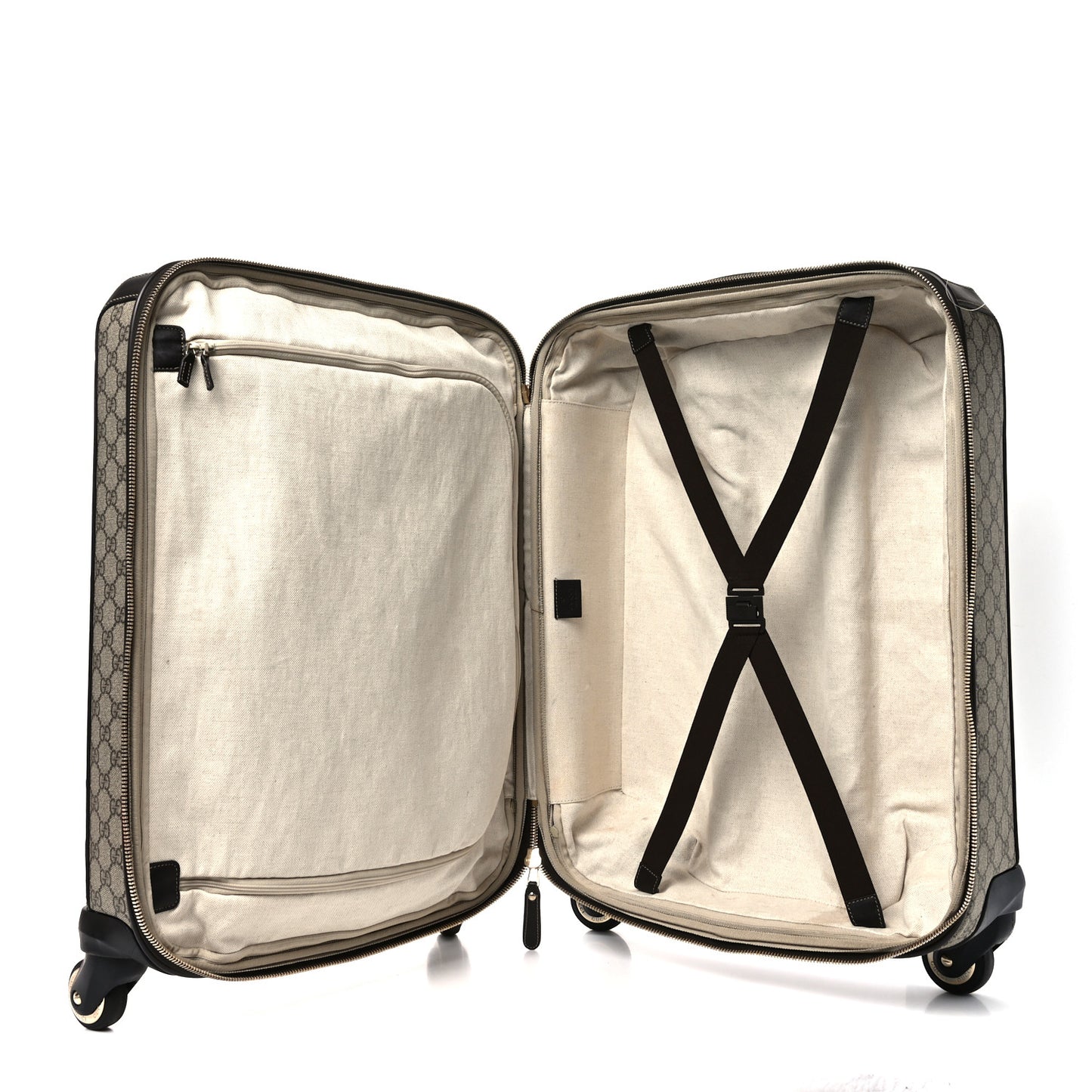 GG Supreme Monogram Selleria Calfskin Four Wheel Carry On Suitcase Beige Ebony Cocoa