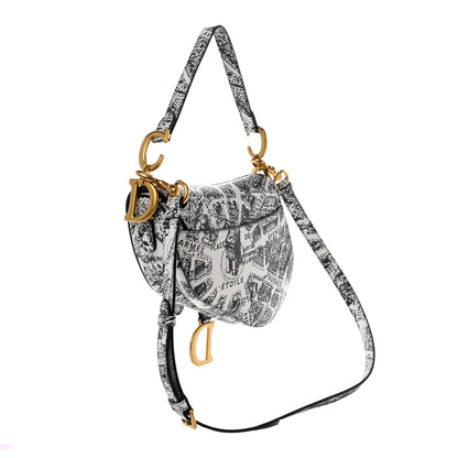 Christian Dior Calfskin Plan De Paris Printed Saddle Bag With Strap White Black 3 of 11