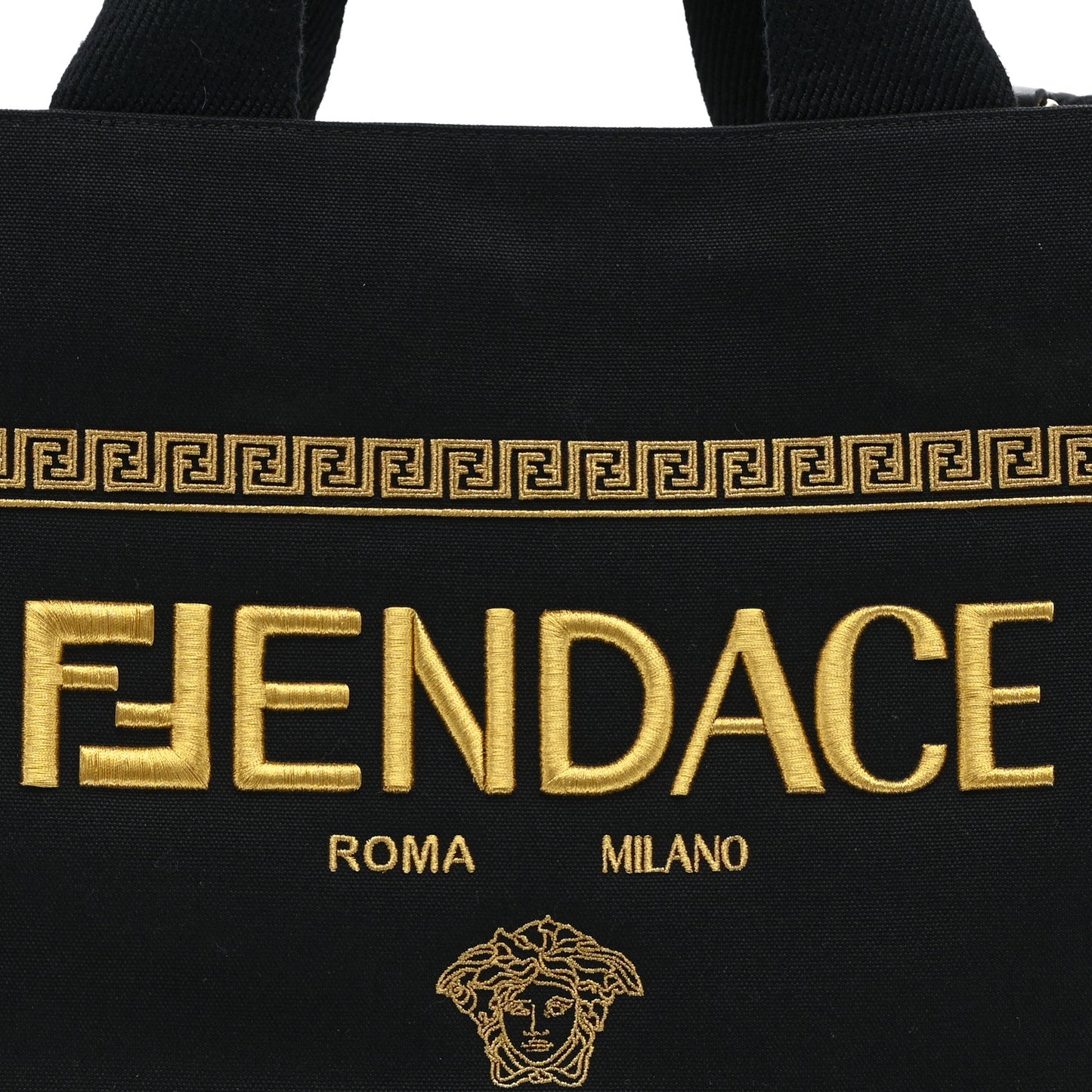 X VERSACE Cotton Canvas Cuoio Romano Fendace Logo Embroidered Signature Shopping Tote Black Gold