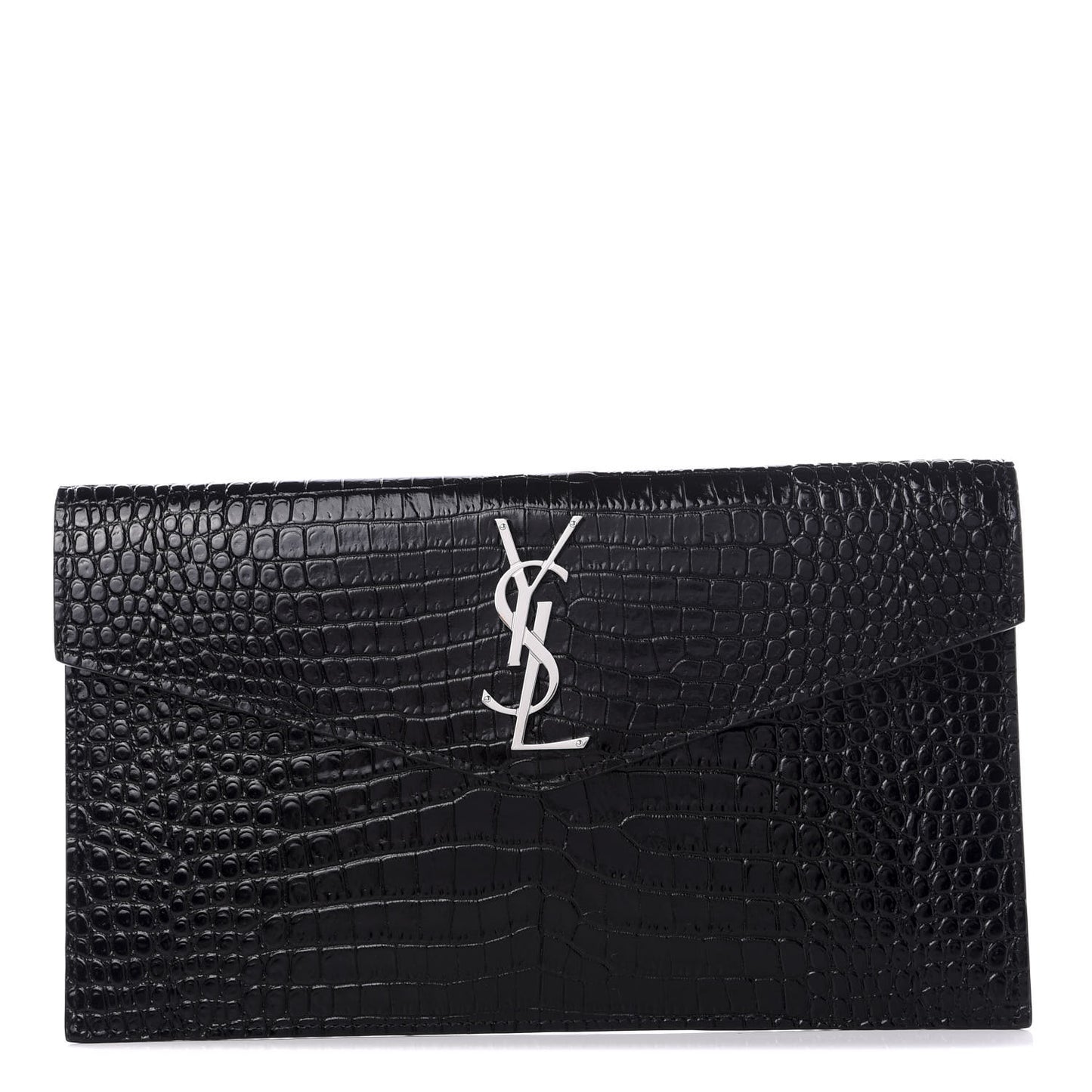 Calfskin Crocodile Embossed Uptown Monogram Clutch Black