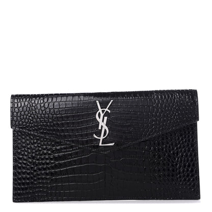 Saint Laurent Calfskin Crocodile Embossed Uptown Monogram Clutch Black 1 of 7