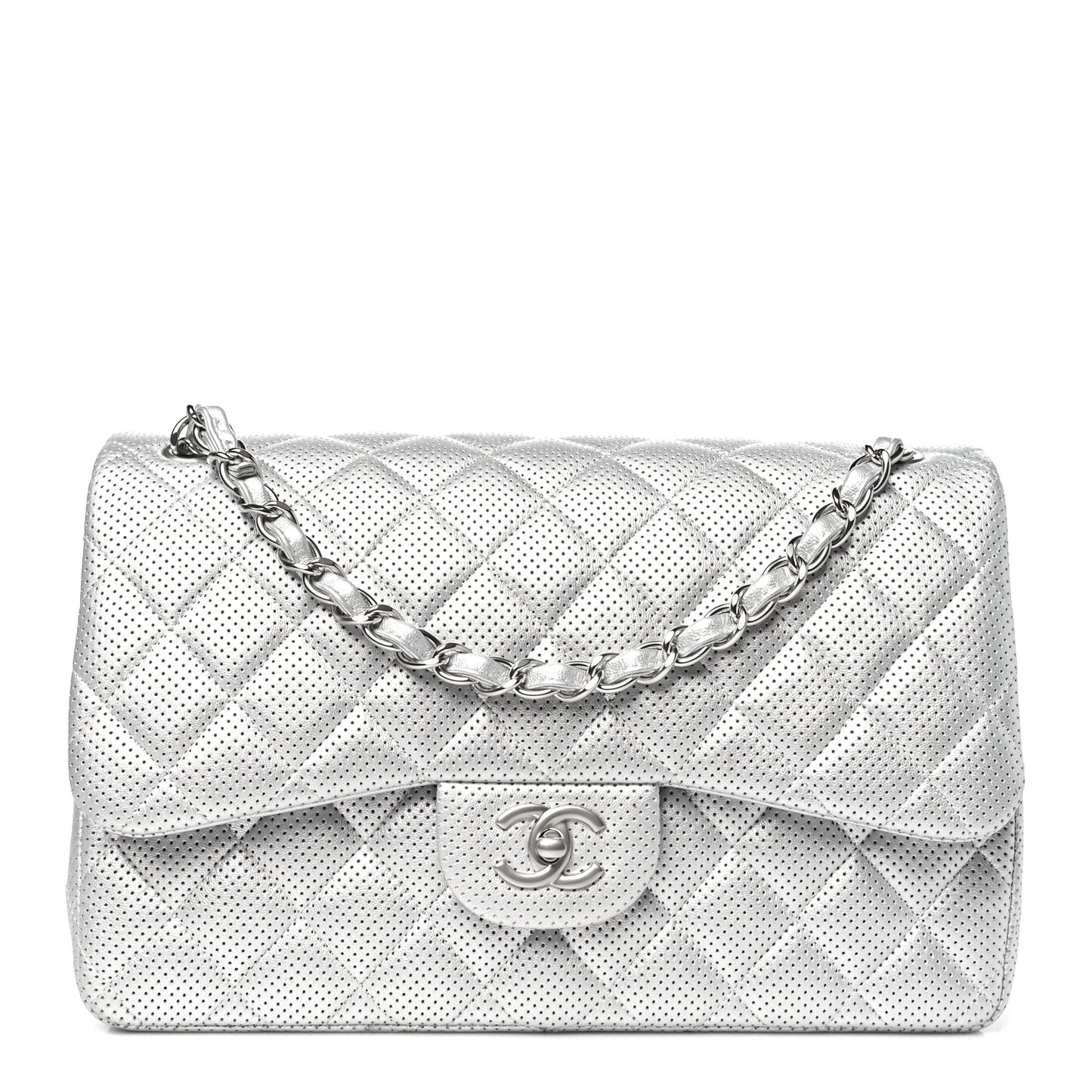 Metallic Perforated Lambskin Quilted Jumbo Double Flap Light Silver
