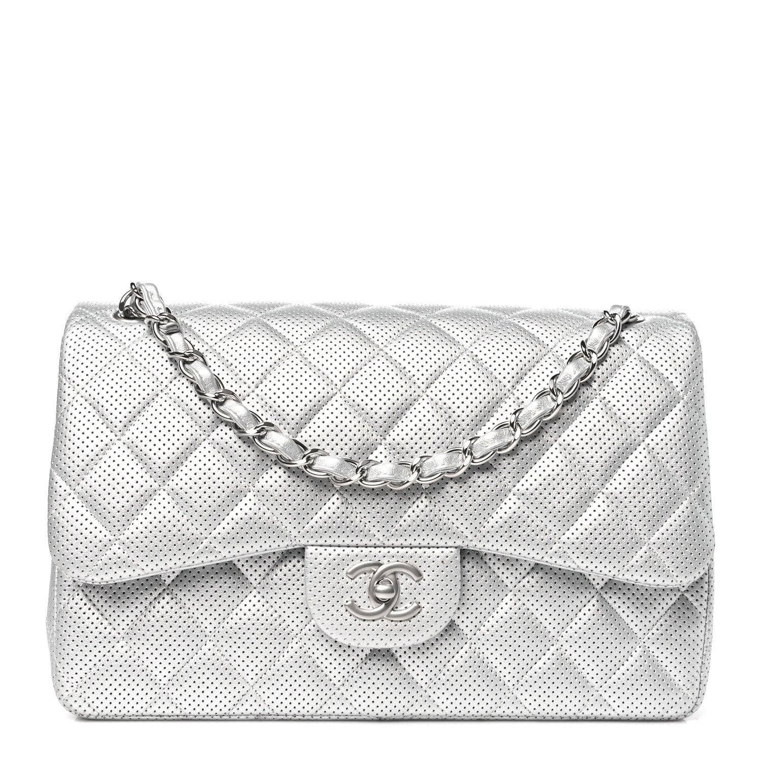 Chanel Metallic Perforated Lambskin Quilted Jumbo Double Flap Light Silver 1 of 12