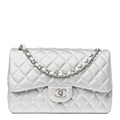 Chanel Metallic Perforated Lambskin Quilted Jumbo Double Flap Light Silver 1 of 12