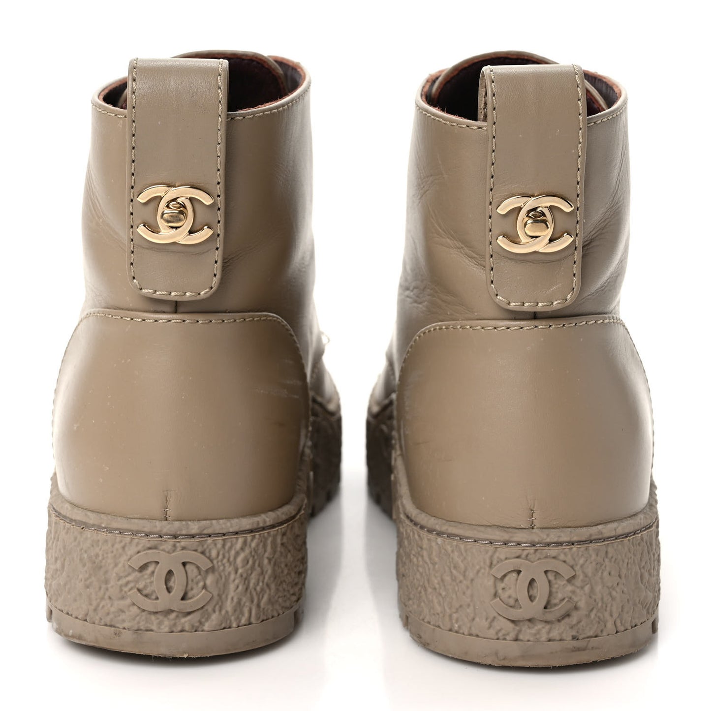 Calfskin CC Turnlock Lace Up Boots 38 Beige