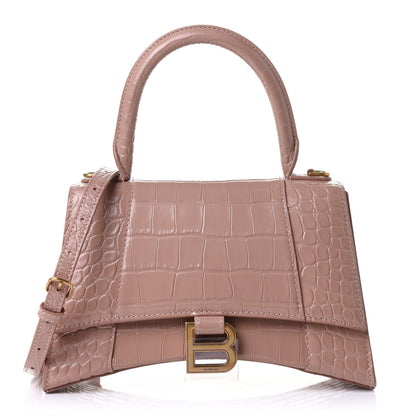 Balenciaga Shiny Calfskin Crocodile Embossed Small Hourglass Top Handle Bag Nude Beige 1 of 8