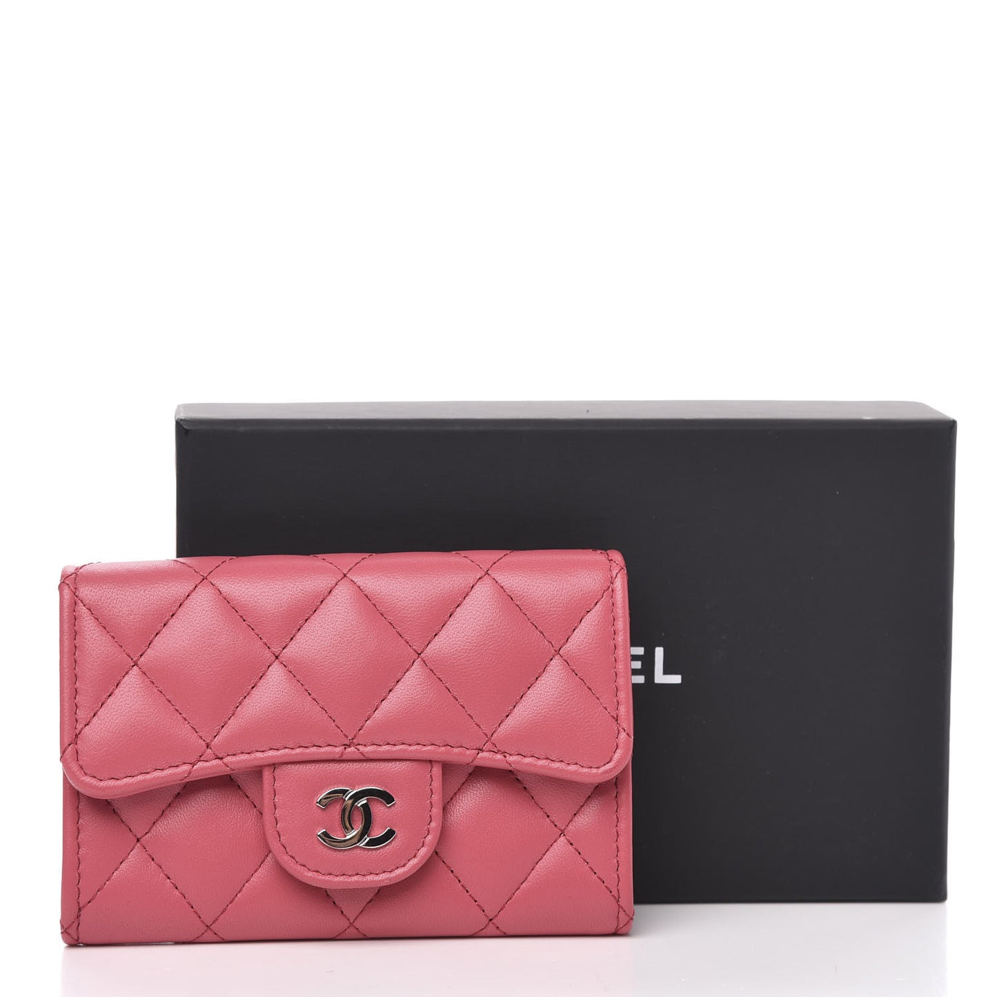Lambskin Quilted Flap Card Holder Wallet Dark Pink