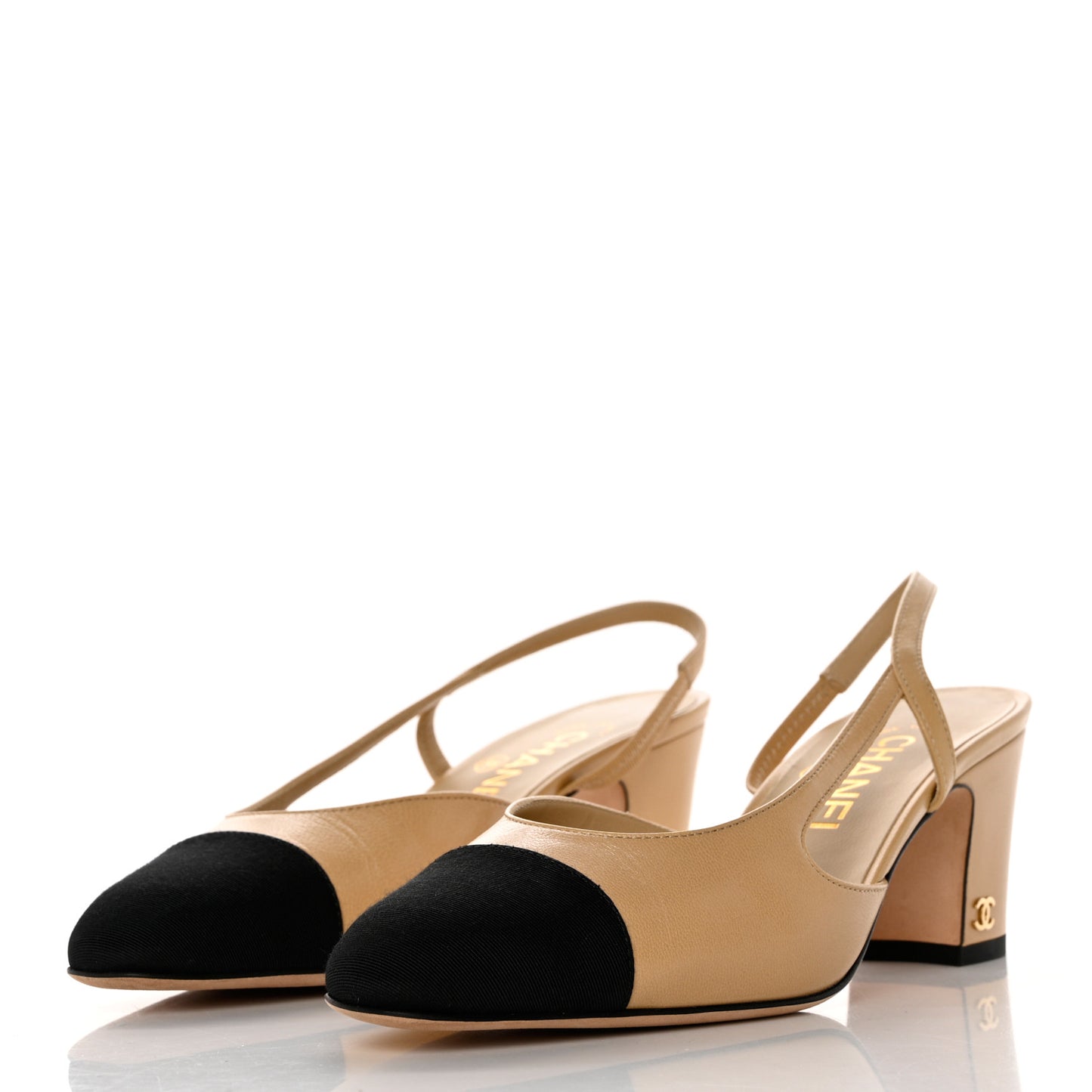 Goatskin Grosgrain Cap Toe CC Slingback Pumps 36.5 Beige Black