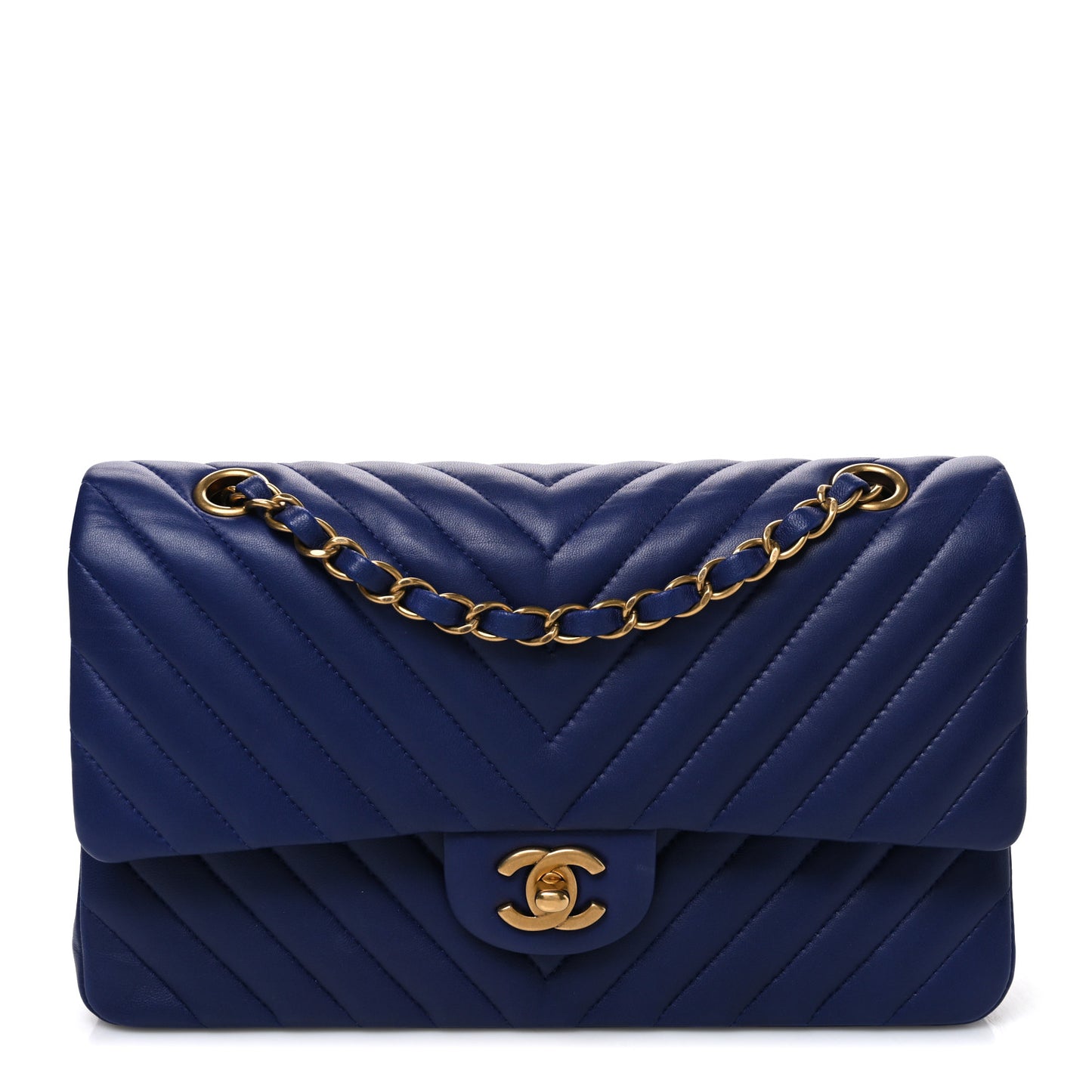 Lambskin Chevron Quilted Medium Double Flap Blue