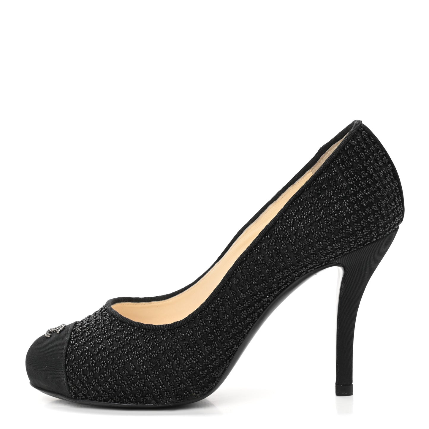Tweed Grosgrain Beaded Cap Toe Pumps 37.5 Black