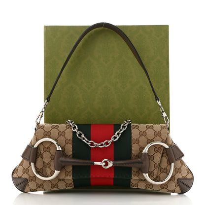 Gucci Monogram Textured Dollar Calfskin Heavy Grosgrain Web Medium Maxi Horsebit Chain Shoulder Bag Beige Ebony New Acero 11 of 11