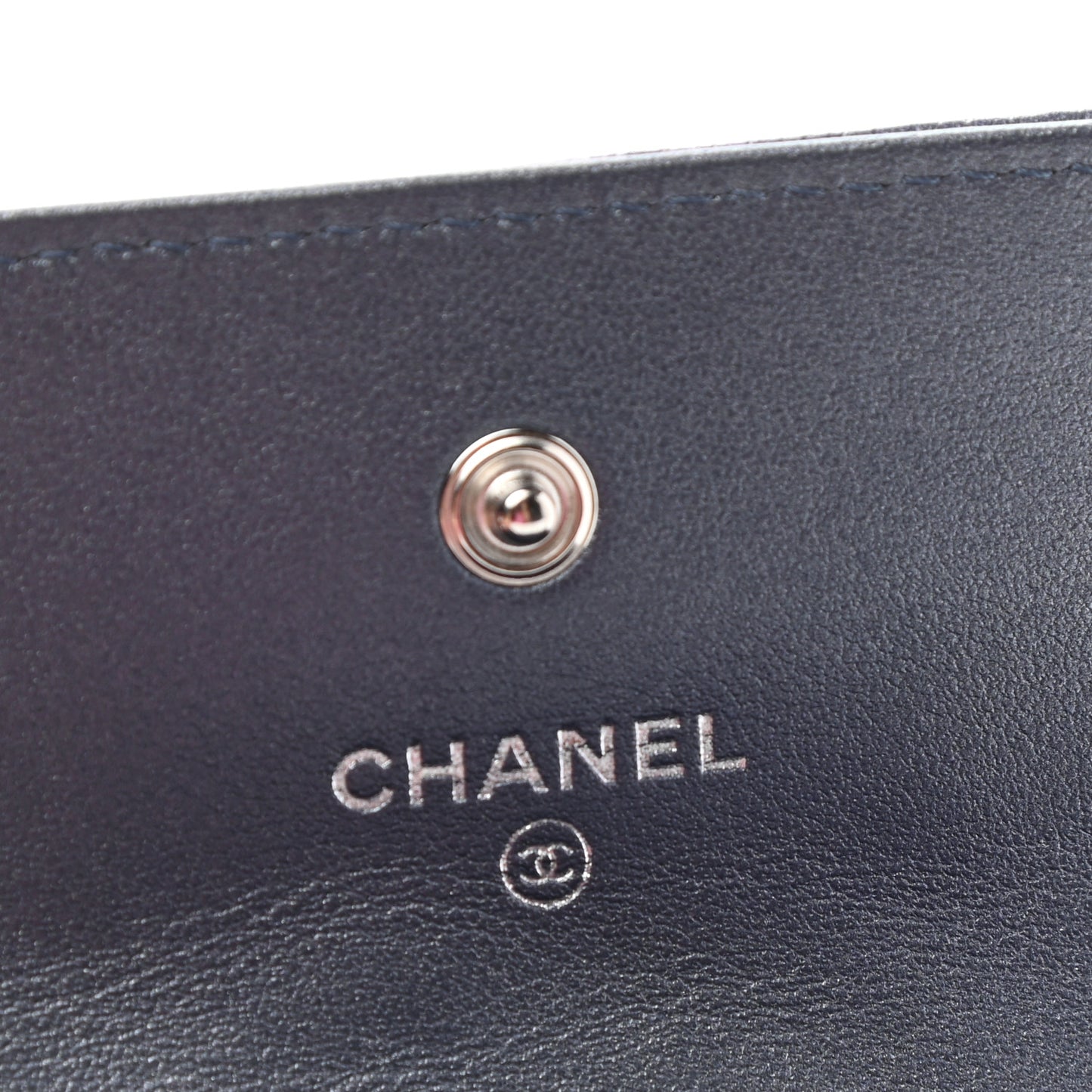 Goatskin Camellia Embossed Flap Card Holder Wallet Dark Blue