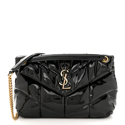 Saint Laurent Patent Quilted Small Loulou Puffer Monogram Chain Satchel Black 1 of 10