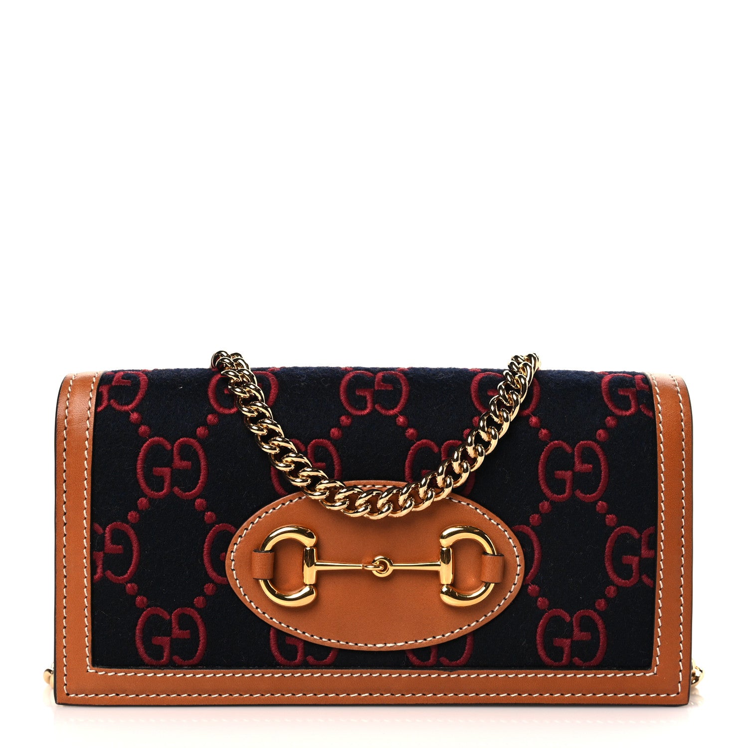 Gucci Covered Wool Cuoio Harness GG Monogram Horsebit 1955 Wallet On Chain Blue Red Harness Brown 1 of 9
