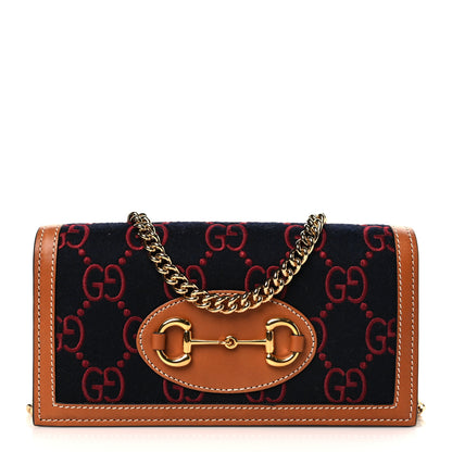 Gucci Covered Wool Cuoio Harness GG Monogram Horsebit 1955 Wallet On Chain Blue Red Harness Brown 1 of 9