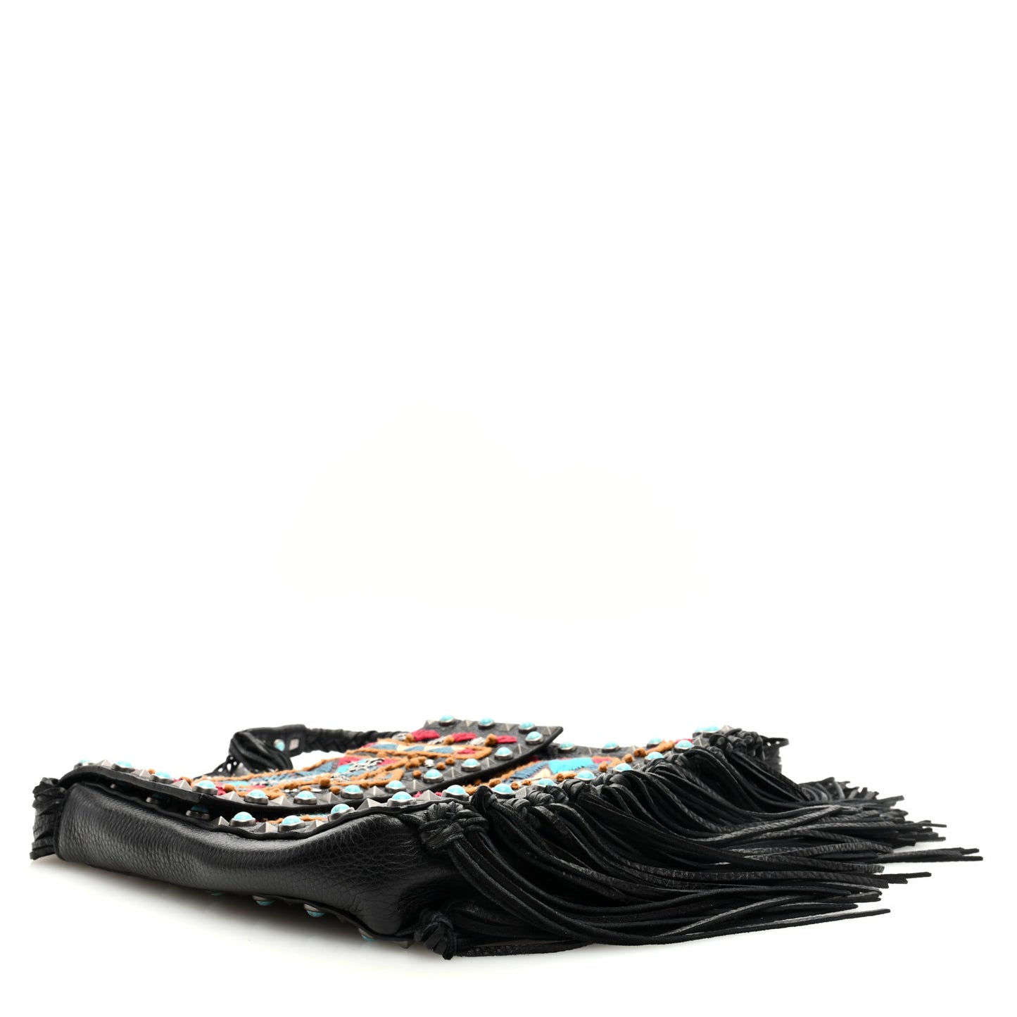 Pebbled Calfskin Embroidered Rockstud Rolling Fringe Messenger Black