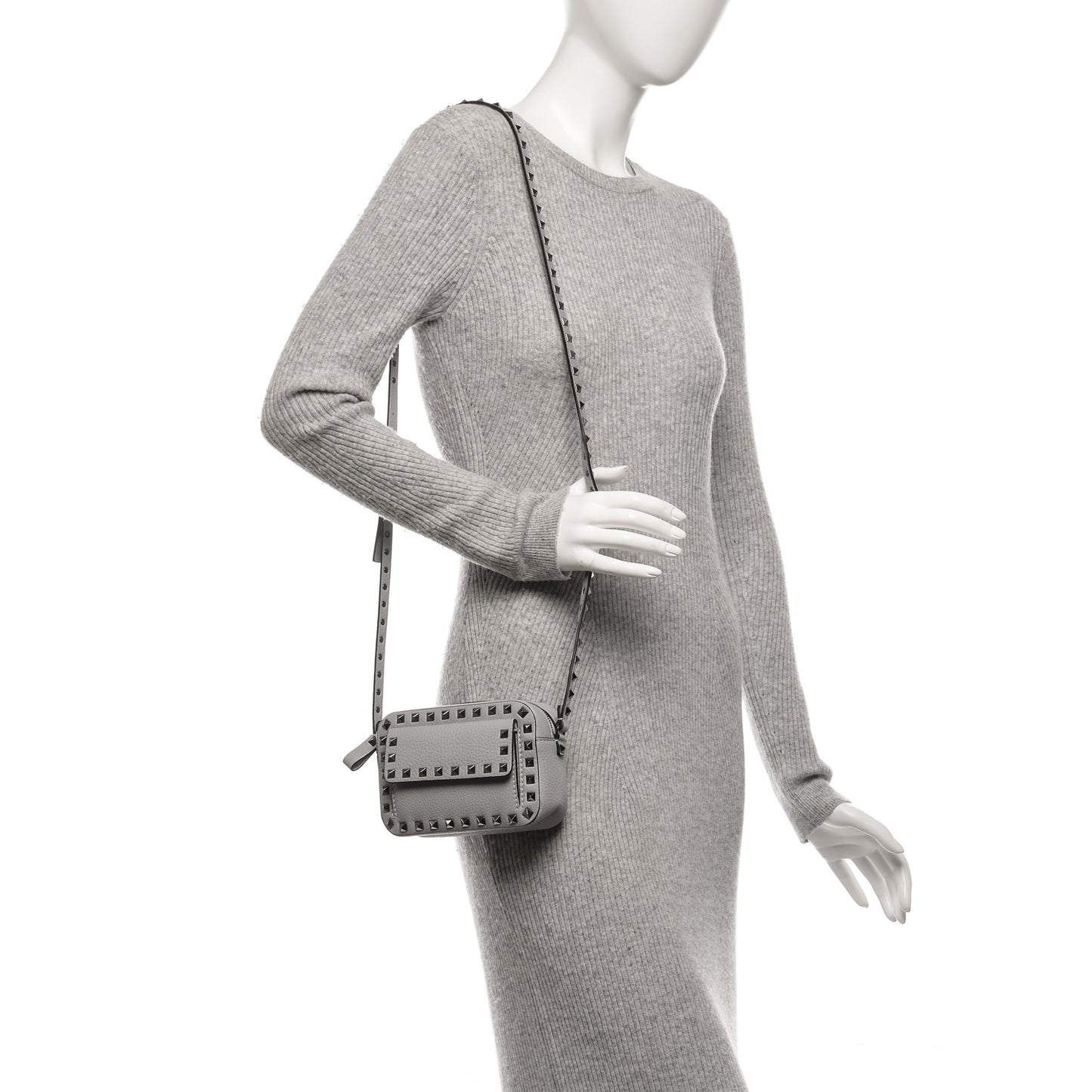 Grained Calfskin Small Rockstud Flap Pocket Camera Crossbody Bag Pastel Grey