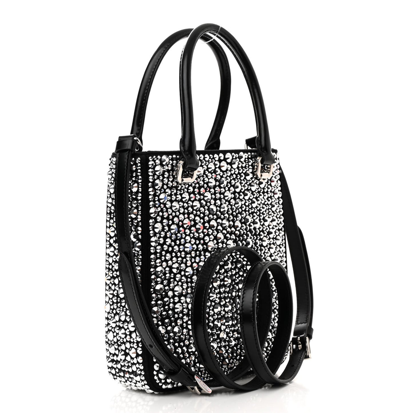 Satin Crystal Metal Triangle Logo Small Double Handle Crossbody Tote Metal