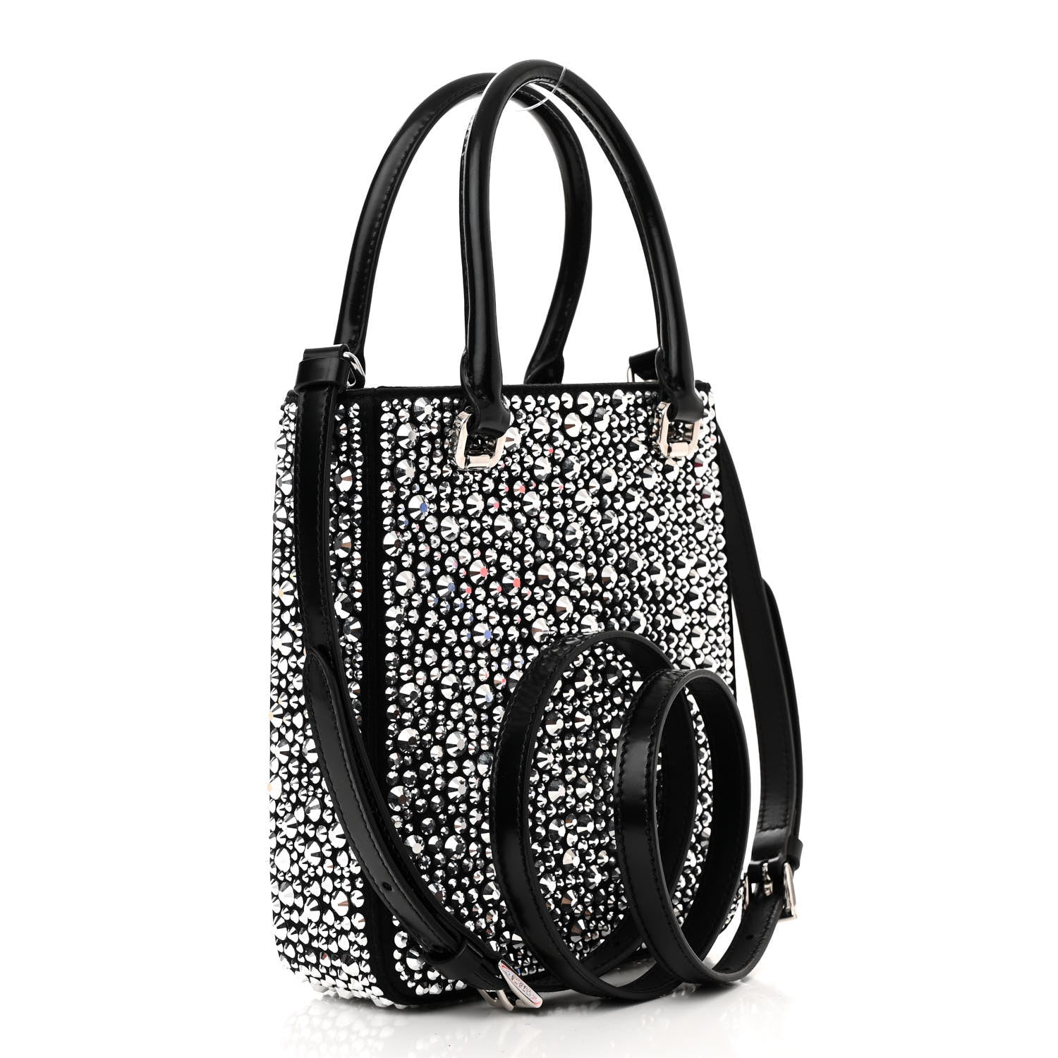 Prada Satin Crystal Metal Triangle Logo Small Double Handle Crossbody Tote Metal 3 of 10